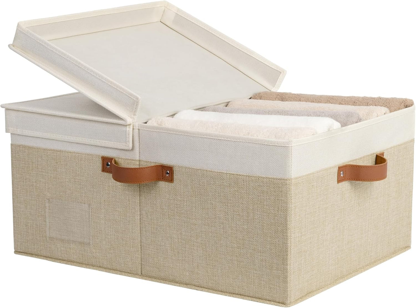GRANNY SAYS Decorative Storage Boxes with Lid, Large Storage Bins with Double-Open Lid and Divider, Fabric Storage Bin for Clothes, 63L Closet Linen Storage Bin, White/Khaki