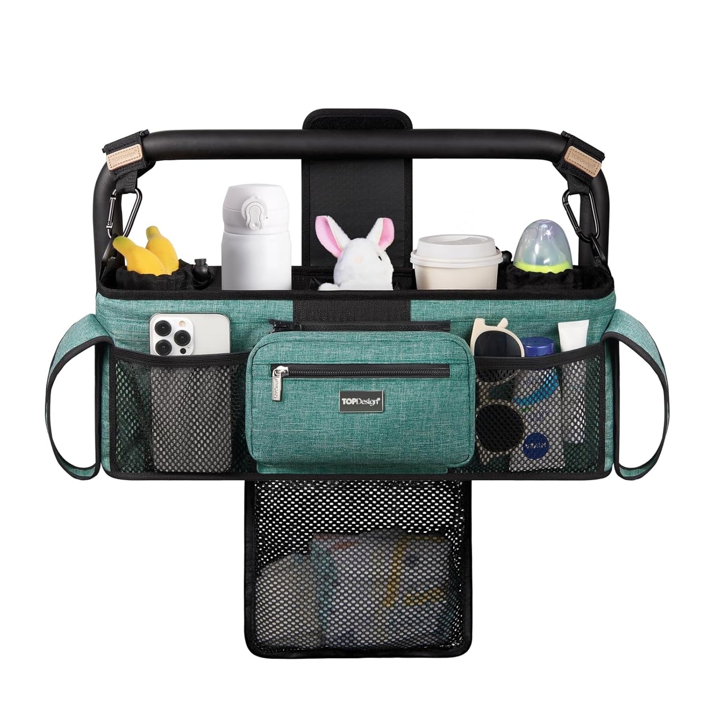 TOPDesign Universal Baby Stroller Organizer, Double Stroller Caddy with Detachable Mesh Bag & Heightened Insulated Cup Holders & Non-Slip Secure Hooks Accessories, Fits Most Strollers (Green)