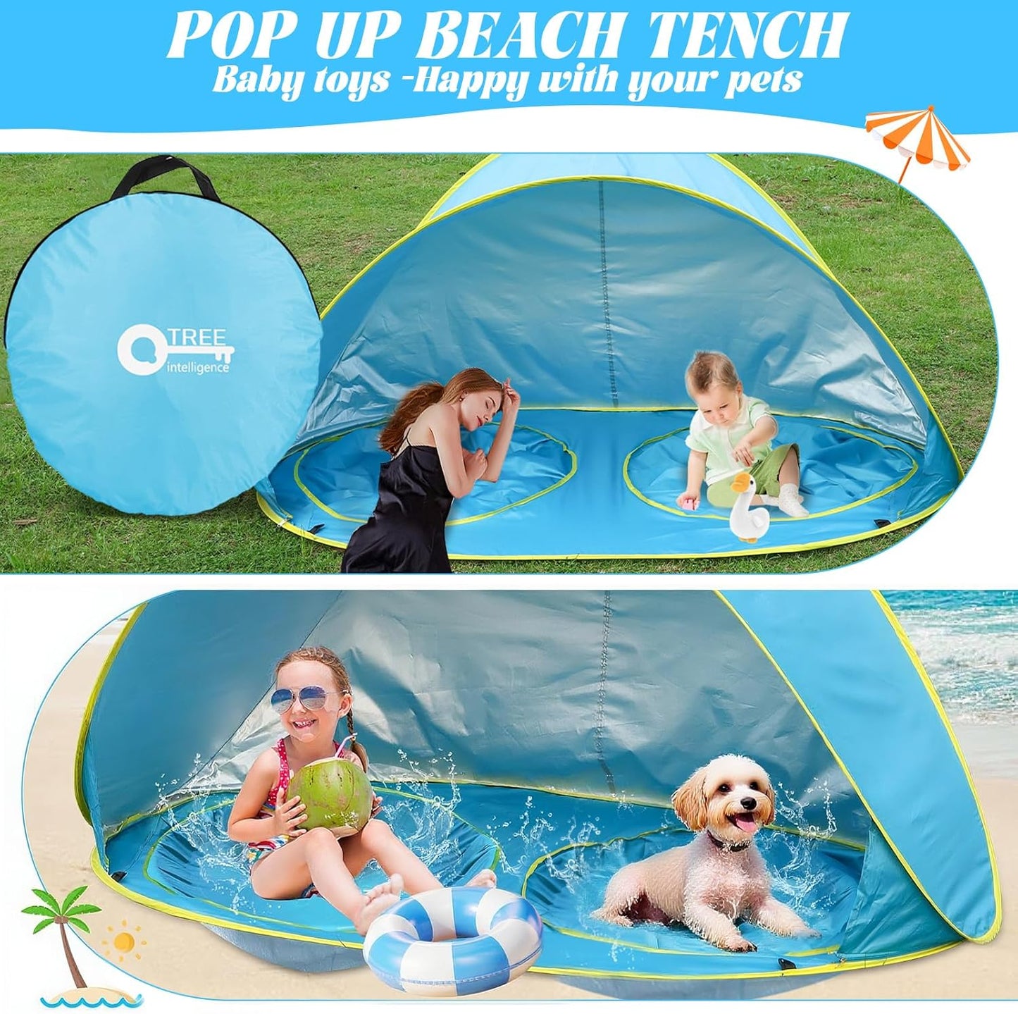 Baby Beach Tent-2 Pools Pop Up UPF 50+ Sunshade with Carry Bag, Portable for Travel,Beach,Camping,Indoor