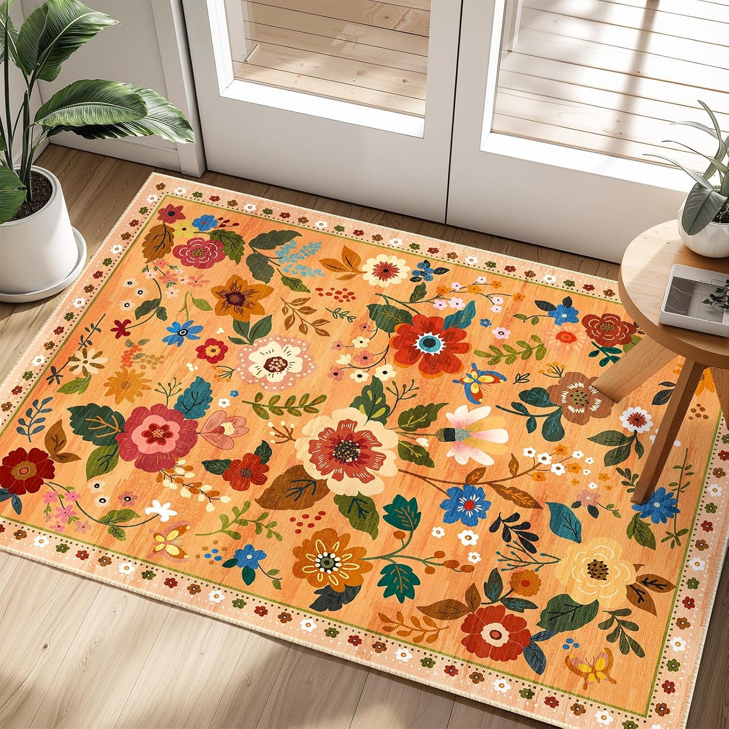Floral 2x3 Area Rug Machine Washable Soft Print Boho Carpet Non Slip Doormat Low Pile Flower Area Rugs for Living Room Bedroom Nursery Kitchen Dining Room Indoor-Yellow/Orange