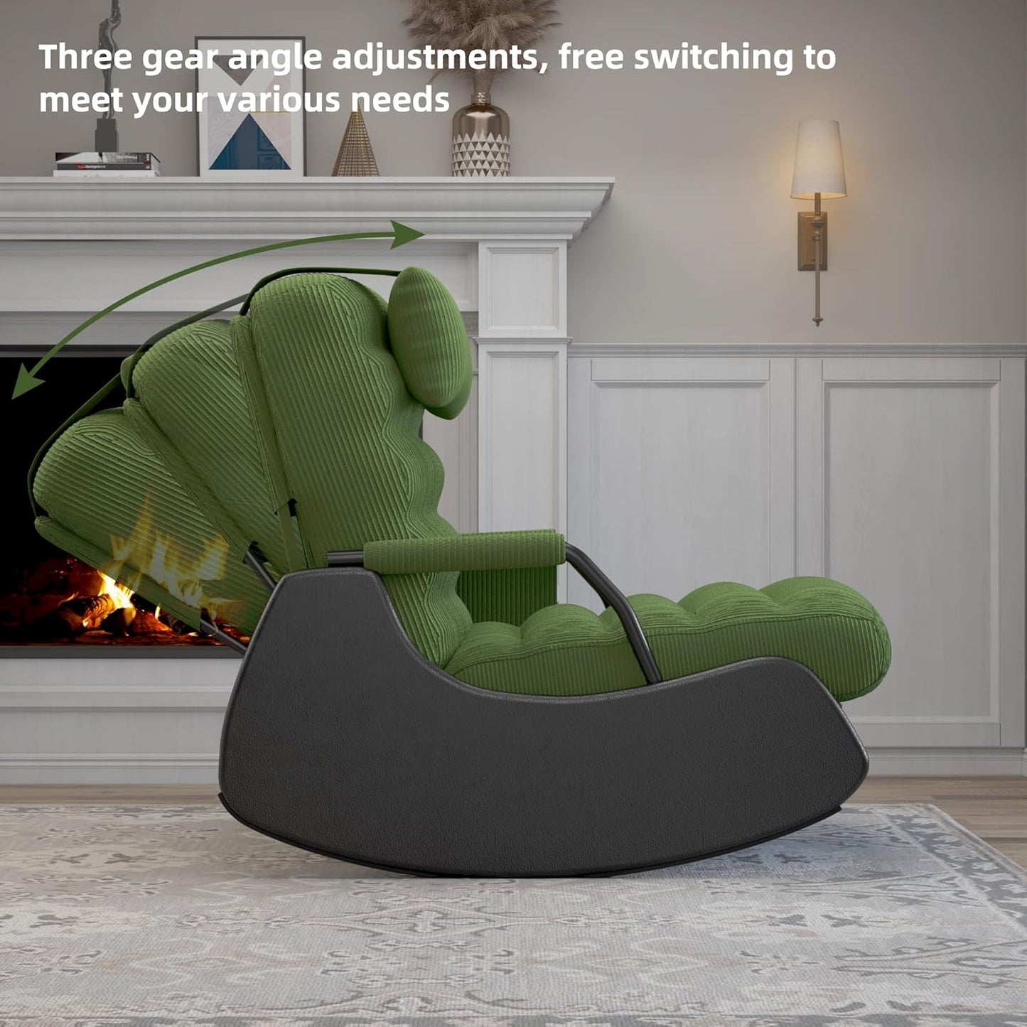 Polar Aurora Nursery Rocking Chairs with Soft Seat and Headrest,Corduroy Fabric Accent Chair with Side Pocket,Glider Rocking Chair for Bedroom/Living Room/Nursery. (Green/Black)