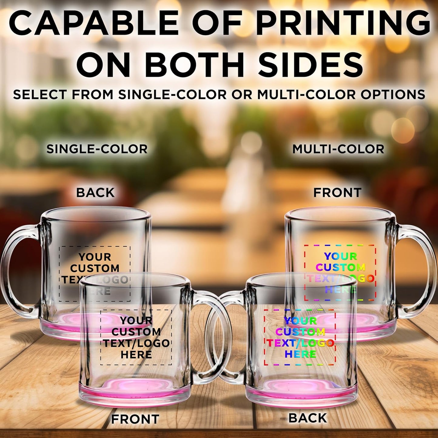 Custom Libbey Clear Glass Coffee Mugs 13 oz. Set of 50, Personalized Bulk Pack - Perfect for Coffee, Tea, Espresso, Hot Cocoa, Other Beverages - Pink Bottom