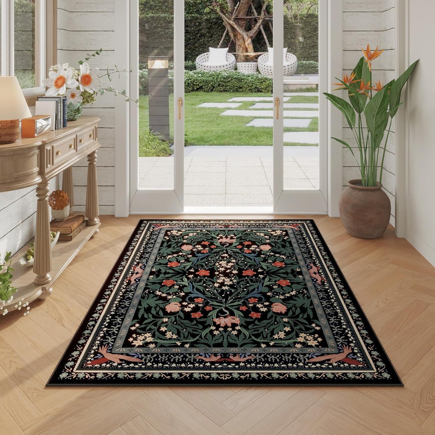Bedroom Rug 3x5 Rug Washable Area Rug Non Slip Low Pile Vintage Floral Botanical Small Carpet for Bedroom, Bedside, Kitchen, Entryway, Kids Room, Office, Black