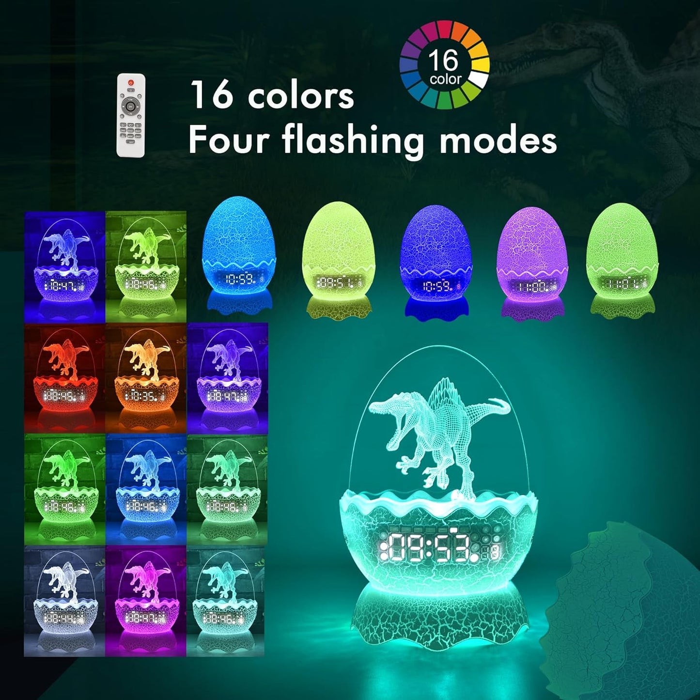 Spinosaurus Alarm Clock/Decorative Lamp/Night Light/Bluetooth Speaker/White Noise Lullaby Machine 4 in1, Remote Control 16 Colors Volume, Creative Gifts for Boys/Girls/Adult