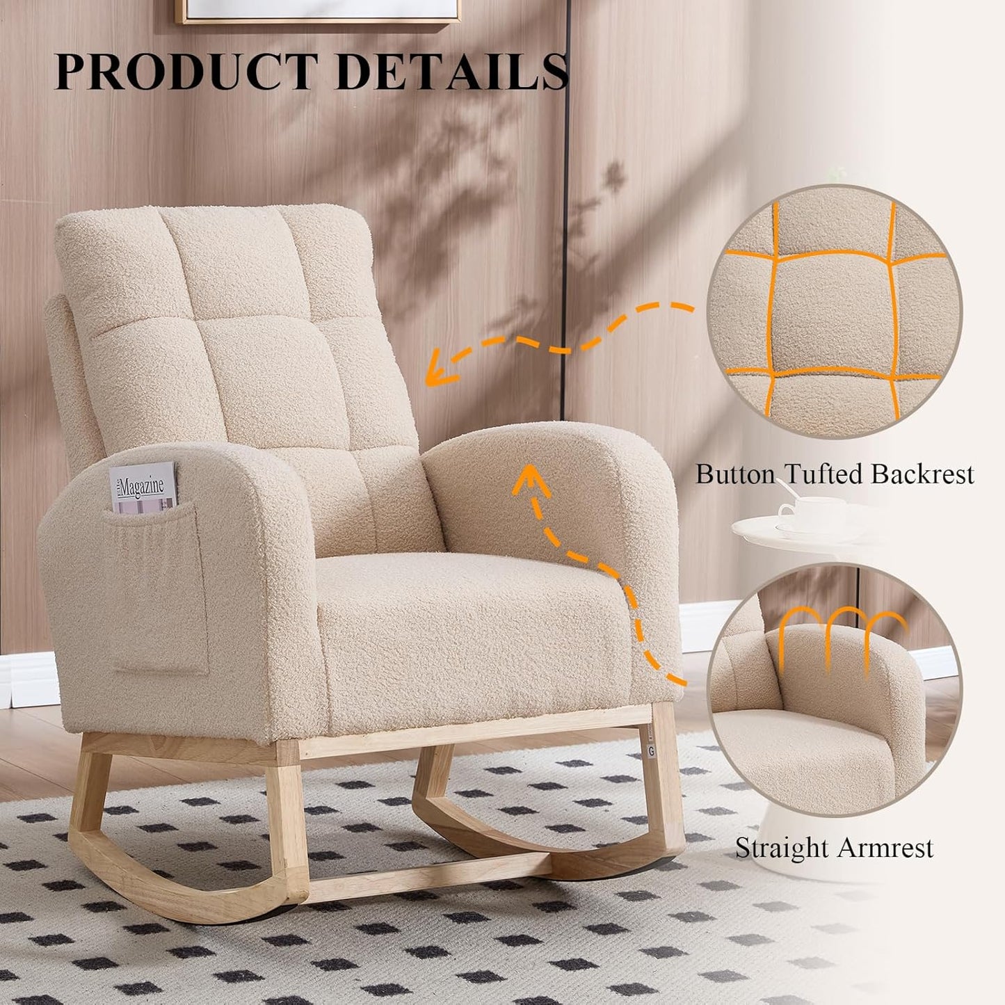 NIOIIKIT Nursery Rocking Chair, Teddy Upholstered Glider Chair with Side Pocket, Glider Rocker Chair with Tufted Back, Comfy Accent Nursing Chair for Living Room (Beige Retro)