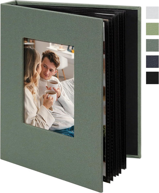 Small 4x6 Photo Album 24 Pockets Linen Cover with Front Window Portable Mini Picture Book for Travel Wedding Memories Organizer Gray Green