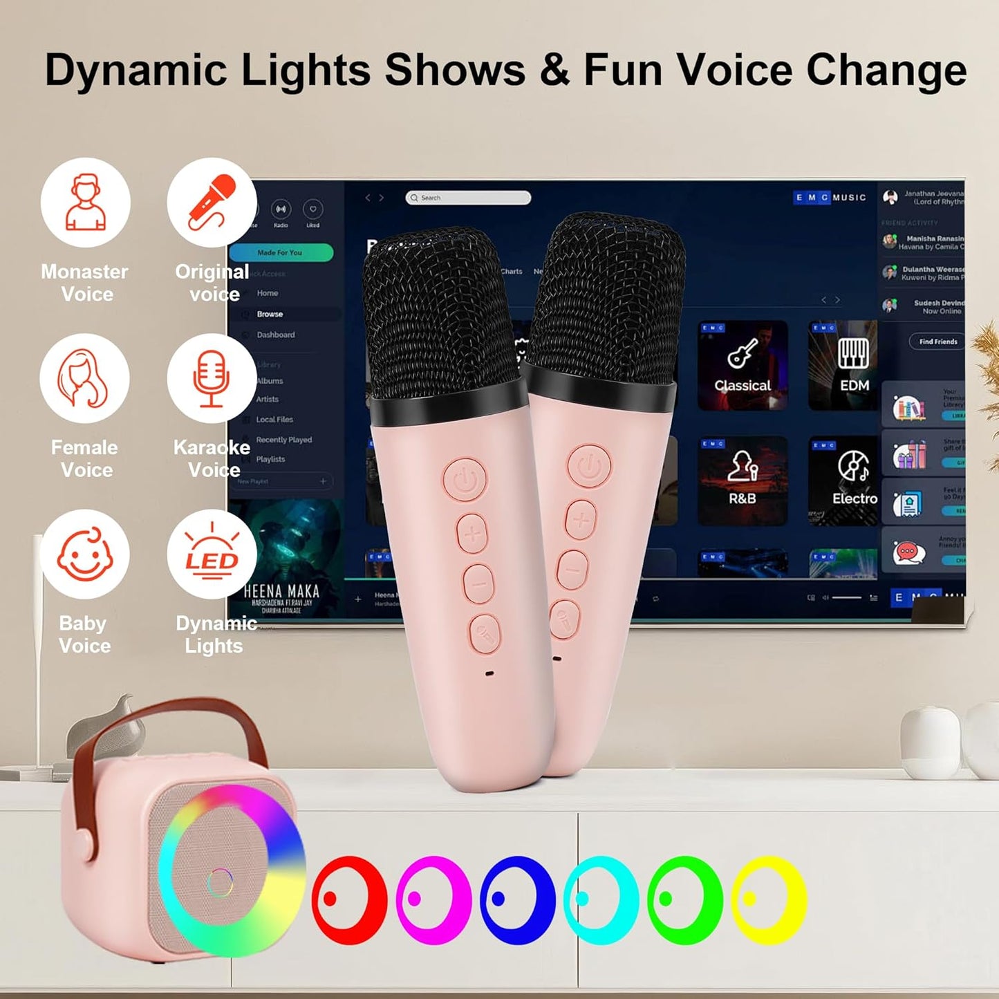Portable Karaoke Machine with Bluetooth, Party Lights, 2 Wireless Microphones for Adults Kids Karaoke Speaker Birthday Gifts for Girls Boys Family Home Party (Pink 2 Mics)