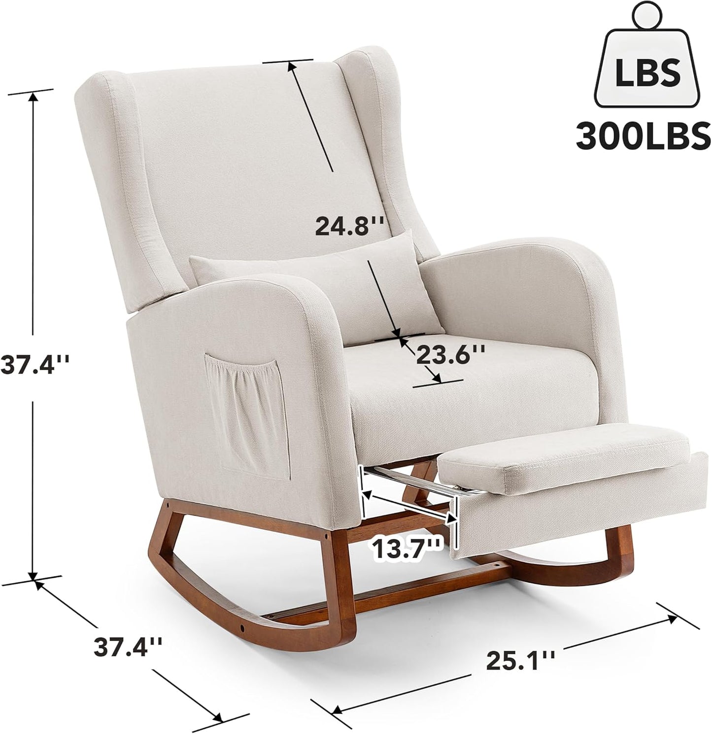 Rocking Chair Nursery Glider Chair with Foot Rest, Nursery Rocking Chairs with Rubber Wood Legs Side Pocket, High Back Nursing Chair, Accent Rocker Arm Chair Baby Bedroom, Living Room, Beige