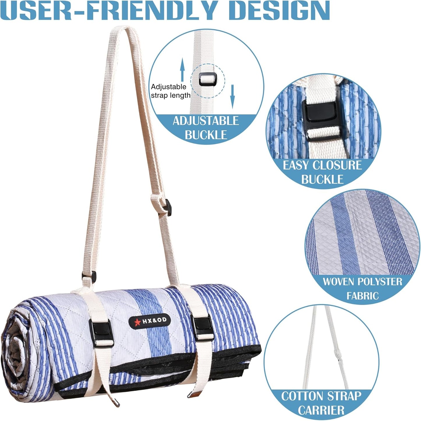 Waterproof Picnic Mat, Outdoor Camping Oversized Field Blanket. Portable Thickened Camping Blanket, Suitable for Beach, Camping, Music Festival, Party, Outdoor Adventure. (Blue & White, 80”x60”)