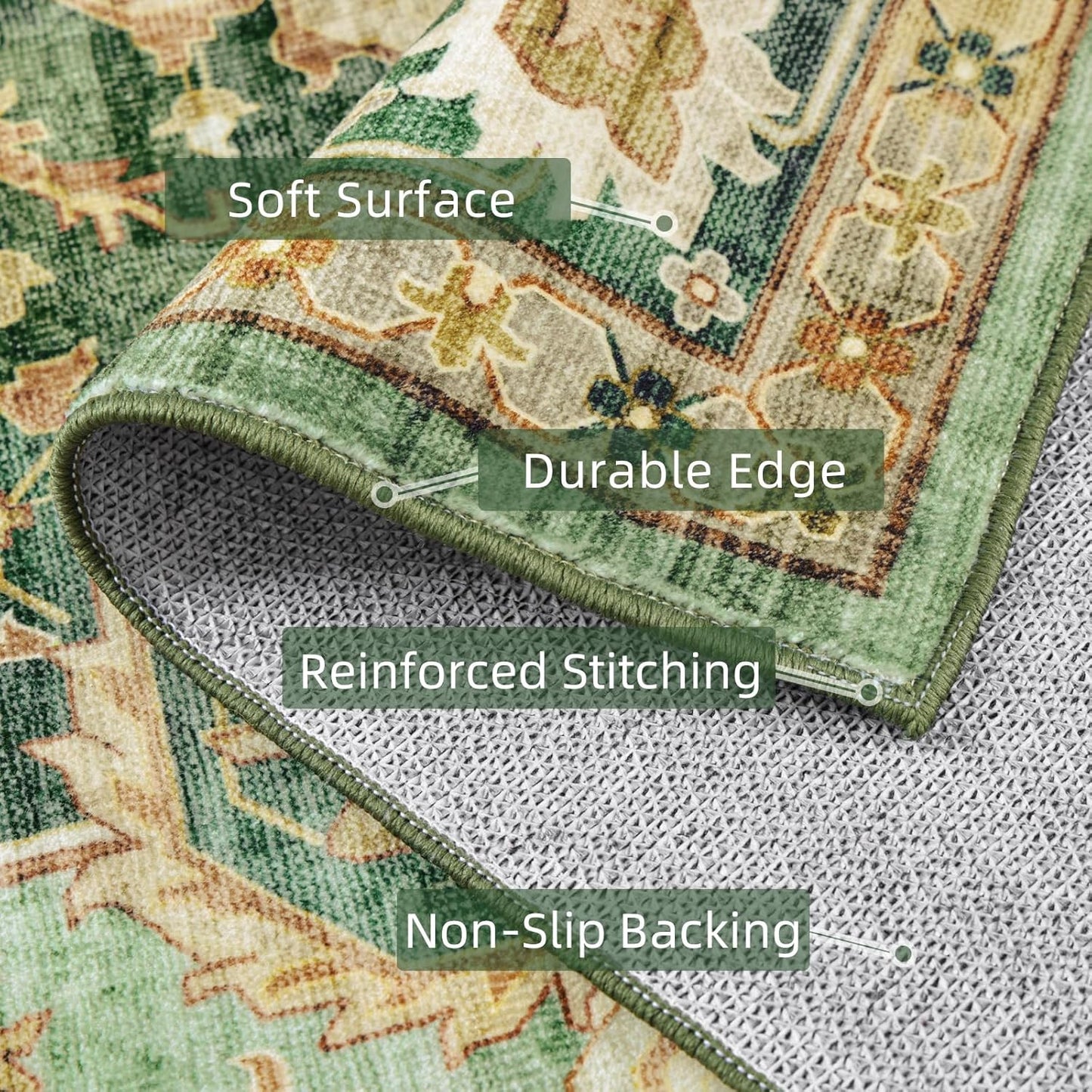 Green Boho Washable 3x12 Extra Long Runner Rug for Hallway, Waterproof Large Kitchen Floor Rug, Non-Slip Stain & Fade Resistant, Vintage Floral Decor