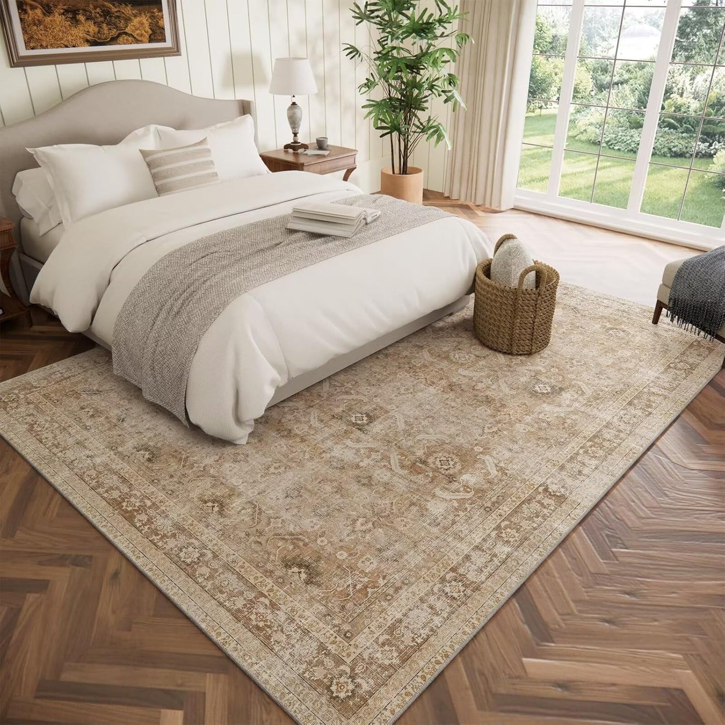 Washable 5x7 Area Rugs for Living Room, Boho Non-Slip Silicone Backing Rugs for Bedroom Dining Room Nursery Office, 0.3" Neutral Oriental Throw Carpet with 0.16" Cushioning Pad, Brown/Multi