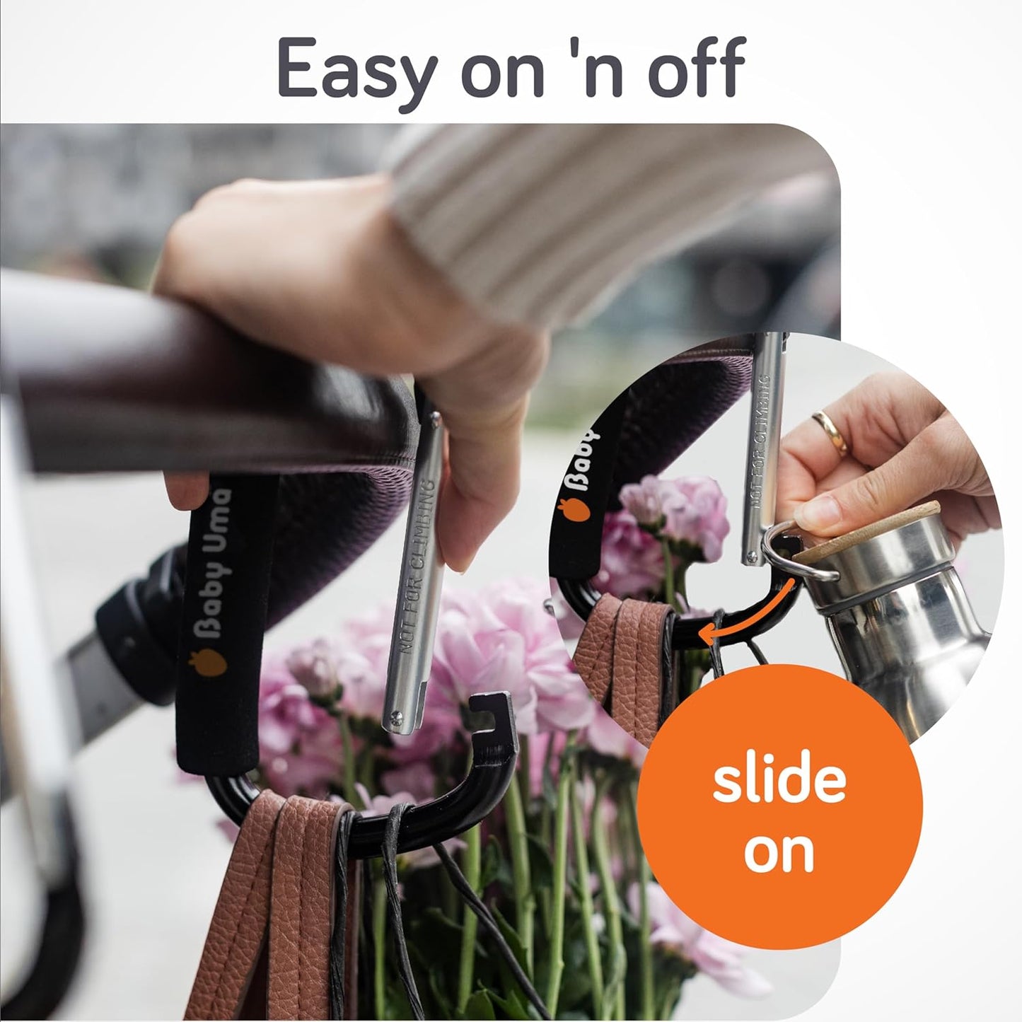 Baby Uma XL Stroller Hooks for Bags (2 Pack) - Universal Stroller Clips and Hooks with Foam Handle, 11 lb Weight Capacity per Carabiner, Adjustable & Non-Slip, Baby Travel Essential