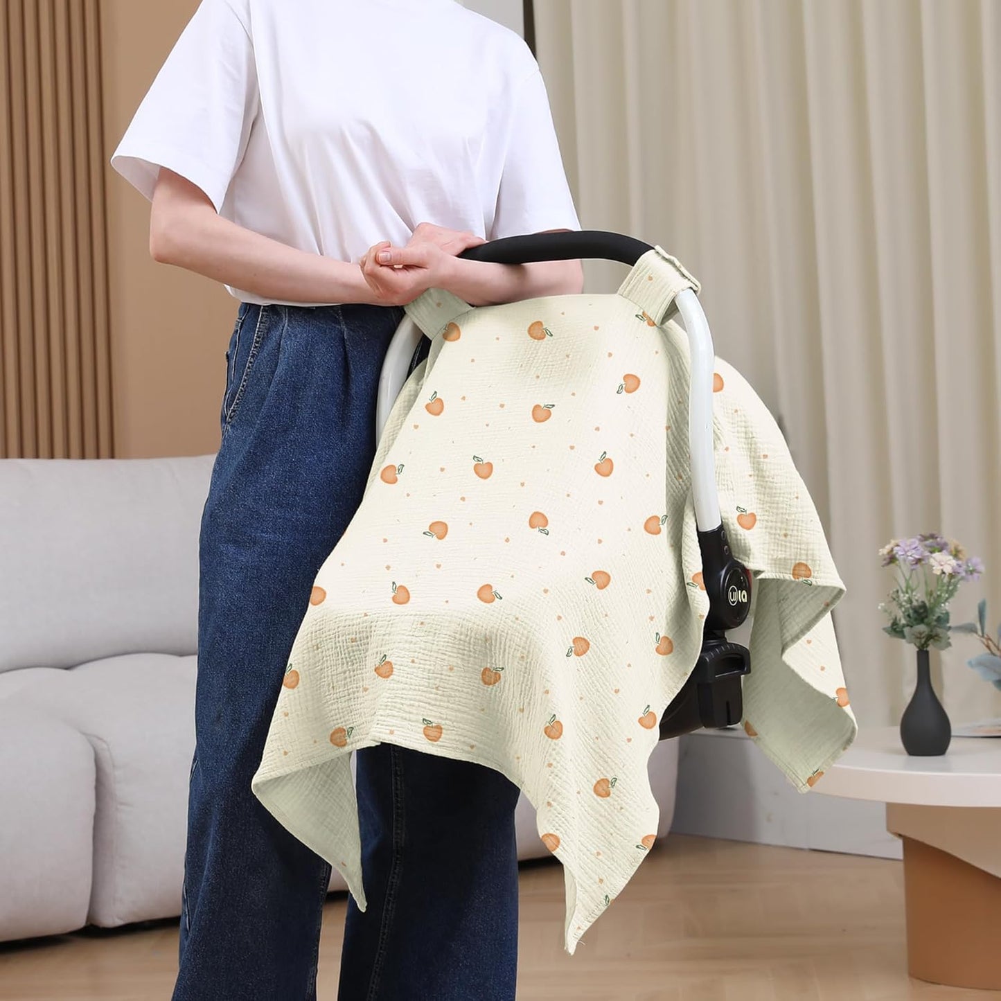 100% Muslin Cotton Car Seat Cover Baby, Carseat Canopy Cover, Universal Fit Stroller Covers for Boys and Girls (Cute Cherry)