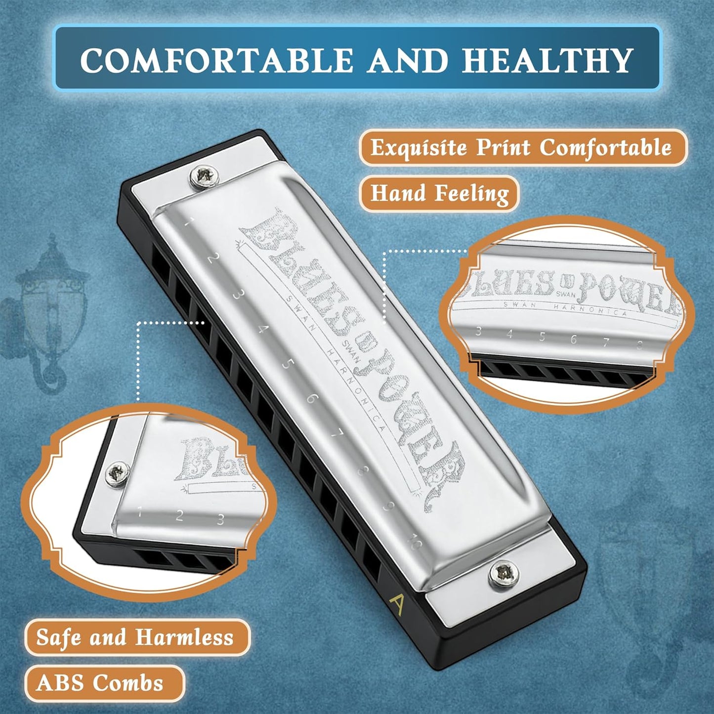 SWAN Blues Harmonica, Key of A, 10 Hole 20 Tone Diatonic Harp Mouth Organ, Stainless Steel Deluxe Harmonica for Adults, Students, Beginners, as a Gift (Silver-A)