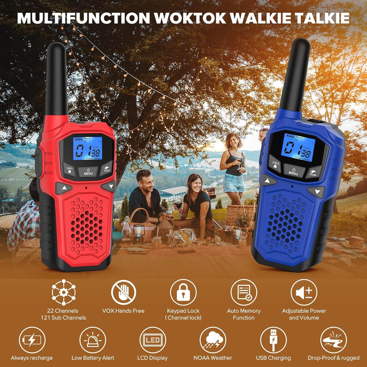 Walkie Talkies for Adults- WokTok Long Range Two Way Radio for Camping Hiking Hand Held Hiking Accessories Camping Gear Xmas Birthday Gift for Kids,SOS Siren,NOAA Weather Alert,3 Radios