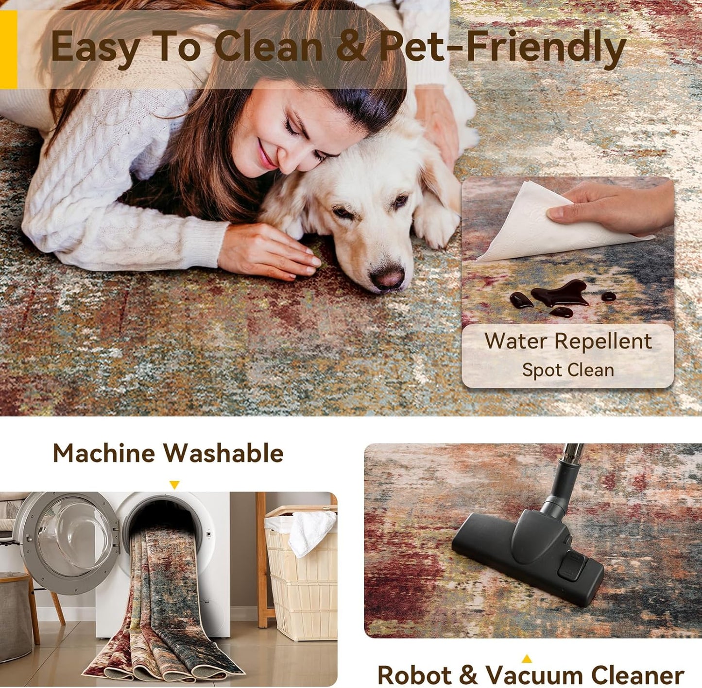 Washable Area Rugs 9'x12' Non-Slip Modern Abstract Soft for Living Room Entryway Bedroom Nursery, Print Pattern, Brown Rust Red Multi