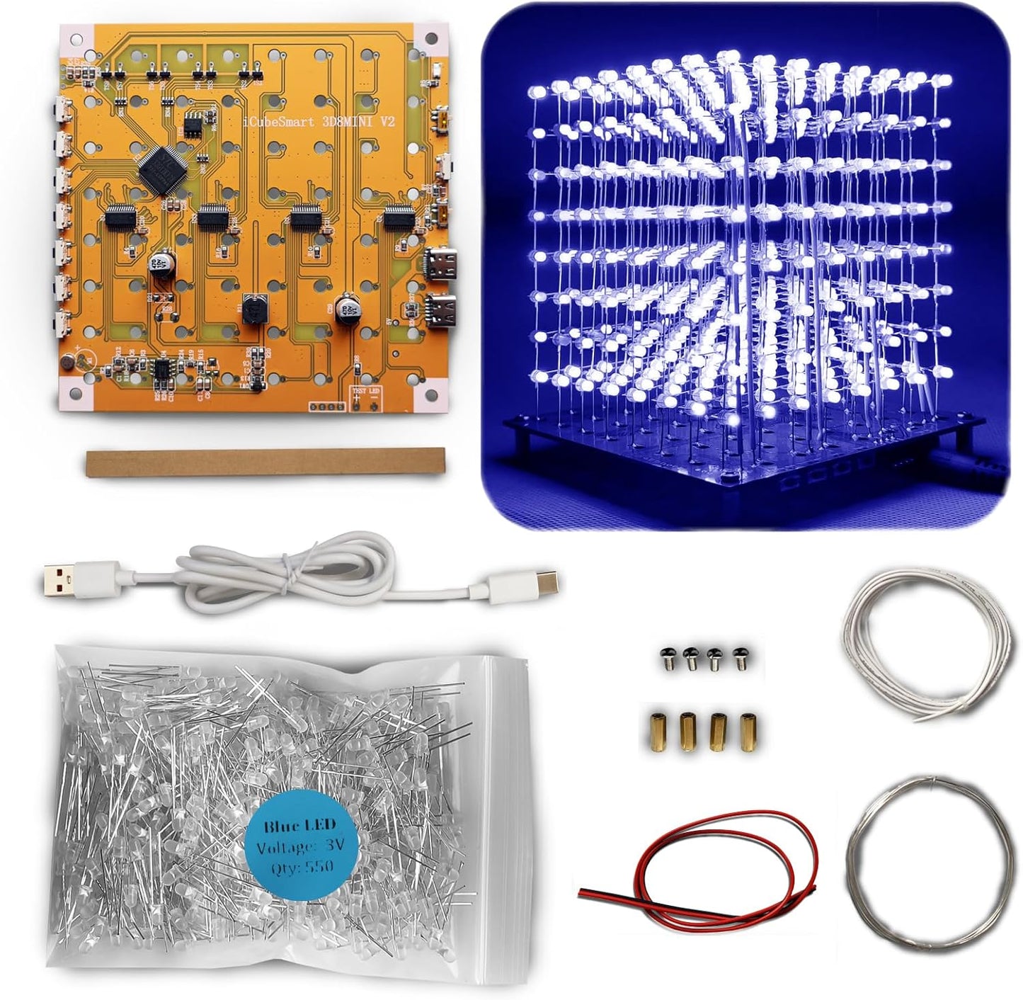 Mini 3D Led Cube DIY Electronics Kit Soldering Project Kit (3D8MINI-ALLBLUE-KIT)