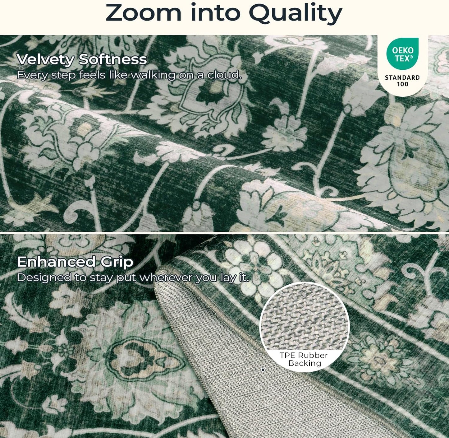 Floral Washable Area Rugs 5x7, Vintage Rug for Living Room, Large Bedroom Carpet, Non Slip Low Pile Ultra Soft Carpets for Indoor Dining Home Nursery Playroom Under Table, Dark Green