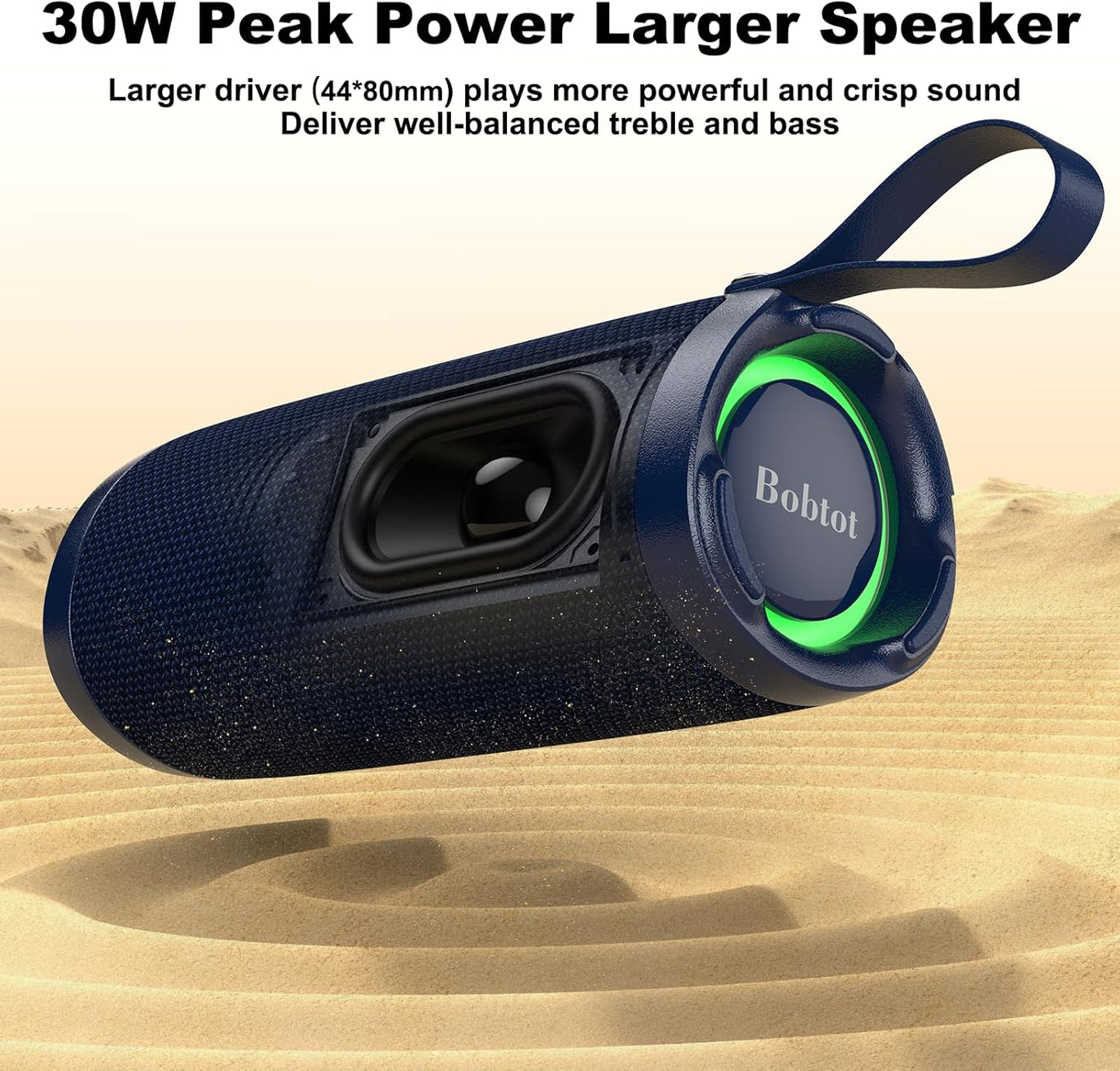 Bobtot Portable Bluetooth Speaker, IPX6 Waterproof Speaker with Punchy Bass, 15W Loud Sound, RGB, 15H Playtime, Dual Pairing for Party, Camping, Beach, Blue
