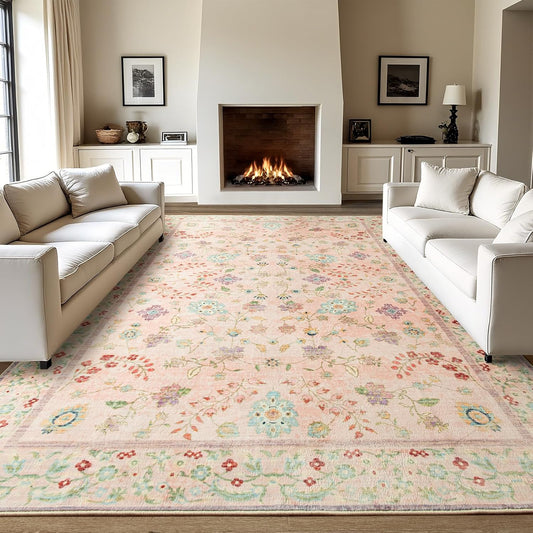 LOCHAS Washable Area Rugs 4x6, Pink Floral Rug for Living Room Bedroom Non Slip, Ultra Soft Vintage Indoor Carpet for Kids, Nursery, Dorm, Dining Room, Classroom, Boho Flower Home Decor, Low-Pile
