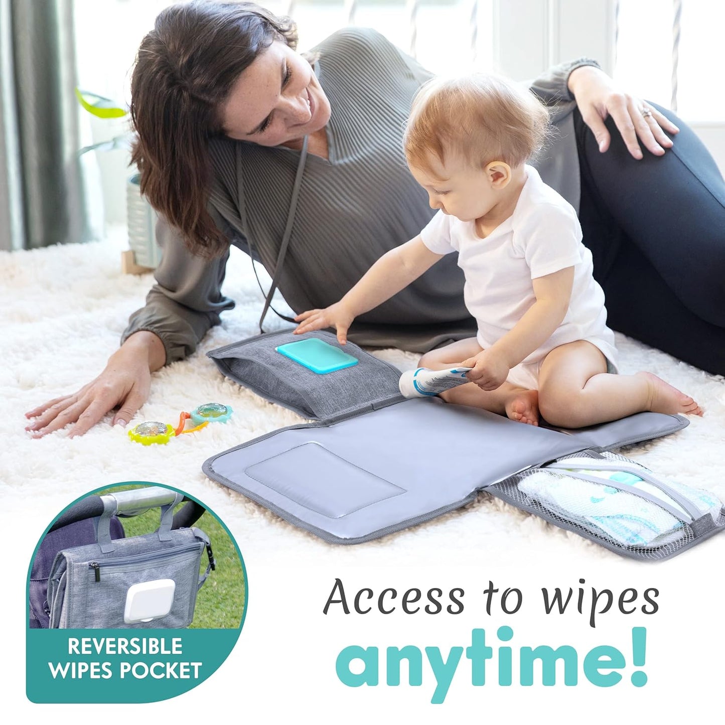 Kopi Baby Portable Diaper Changing Pad - Baby Diaper Changer Travel Bag with Wipes Pocket, Smart Design Portable Changing Mat, Infant Travel Station Kit, Gift for Newborn Girl & Boy - Grey, Modern