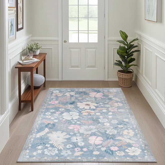 Bedroom Rugs 3x5 Machine Washable Non Skid Stain Resistant Low Pile Faux Fur Area Rug Soft Boho Retro Floral Accent Small Carpet for Living Room Entrance Farmhouse Bedside Nursery Girls,Light Blue