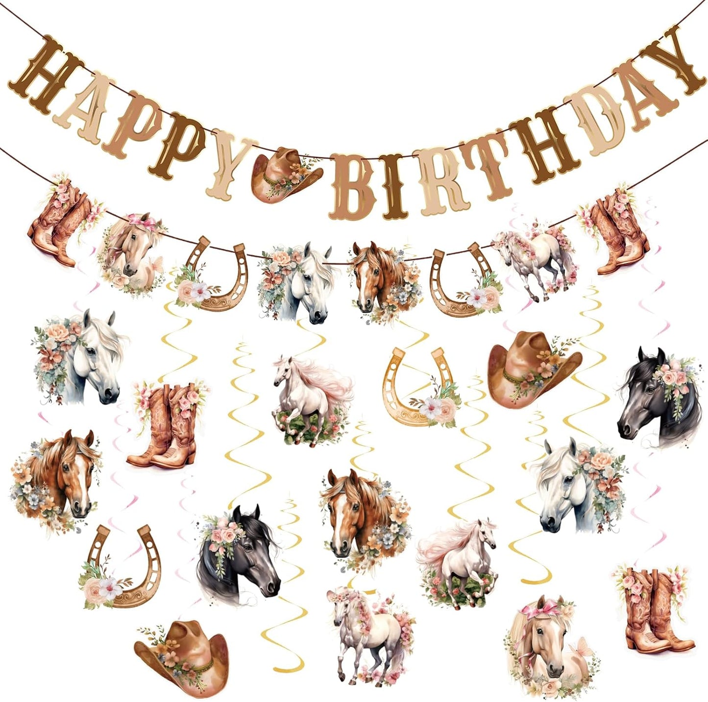 Horse Birthday Decorations,Horse Party Decorations for Girls,Cowgirl Hanging Swirls,Happy Birthday Banners, Western Party Supplies Women