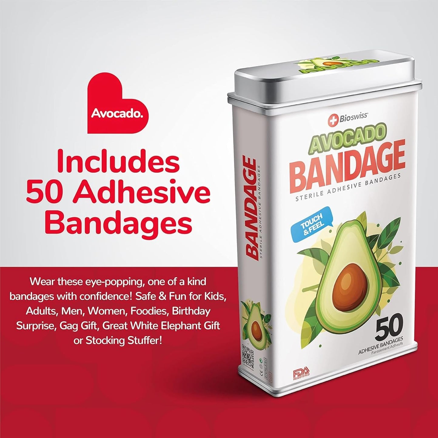 BioSwiss Bandages, Avocado Shaped Self Adhesive Bandage, Latex Free Sterile Wound Care, Fun First Aid Kit Supplies for Kids, 50 Count