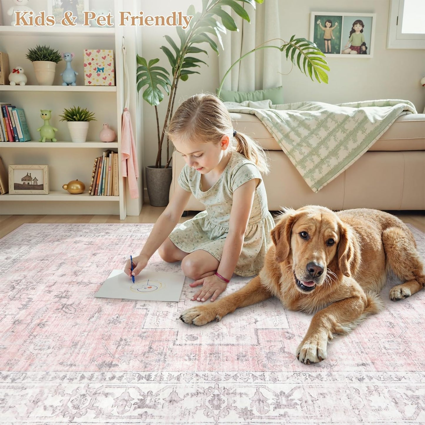 LIVEBOX Pink 8x10 Area Rug for Bedroom Girls, Boho Washable Rugs for Living Room Nursery, Non-Slip Indoor Soft Carpet Low-Pile Farmhouse Carpets for Dining Room Kids Playroom, Pink