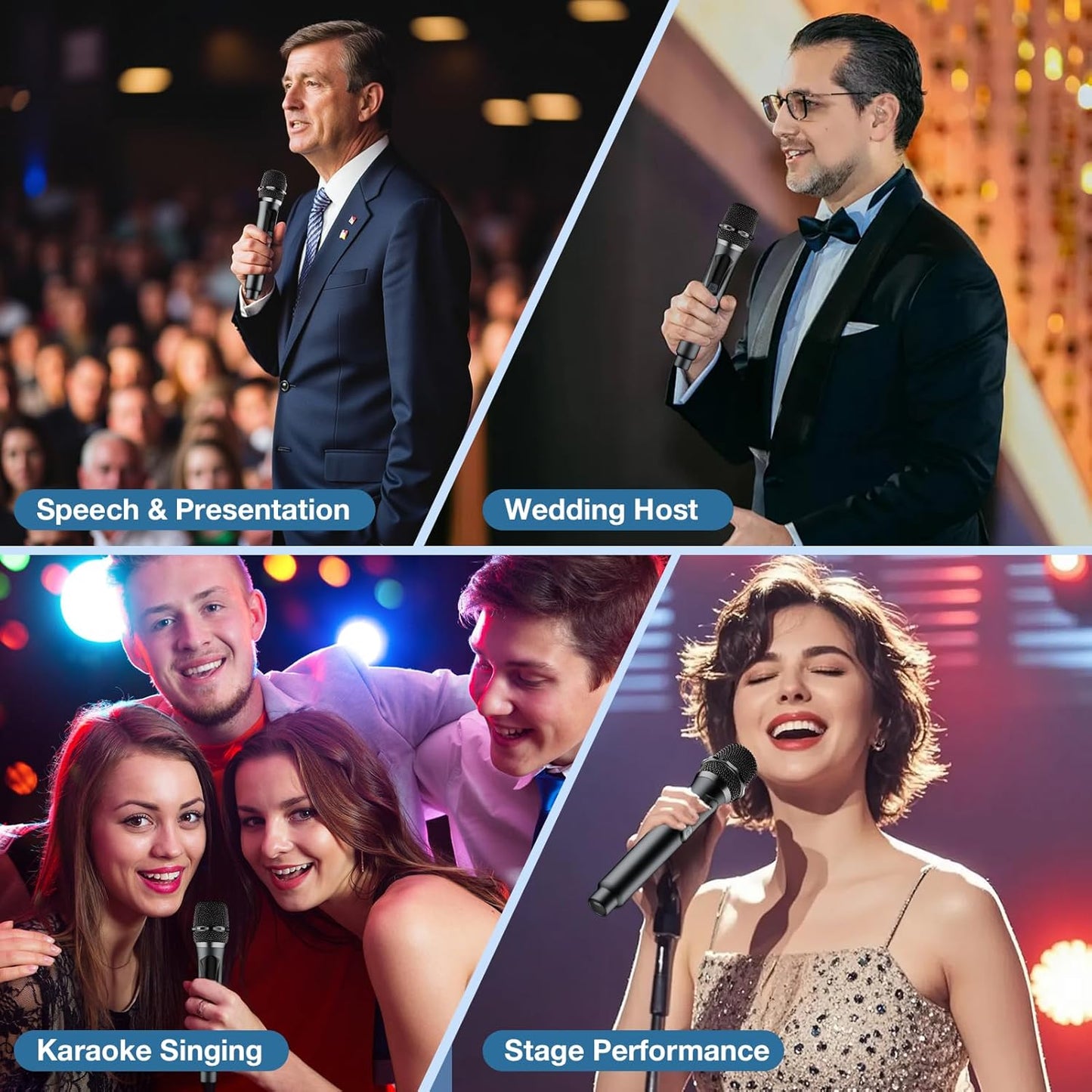 Wireless Microphone,Professional Dual Handheld Cordless Dynamic Mic System with Rechargeable Receiver,Karaoke Microphone Set for Singing, Karaoke, Wedding, DJ, Party, Speech,Church,Class Use,PA System