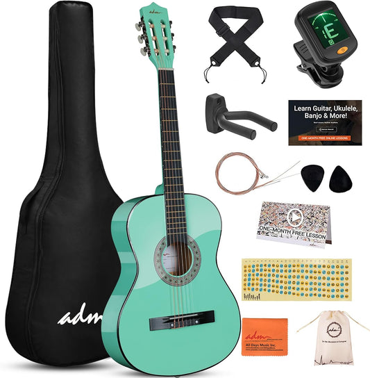 ADM Beginner Acoustic Classical Guitar 38 Inch Nylon Strings Wooden Guitar Bundle Kit for Kid Boy Girl Student Youth Guitarra Online Lessons with Gig Bag, Strap, Tuner, Strings, Cyan Green