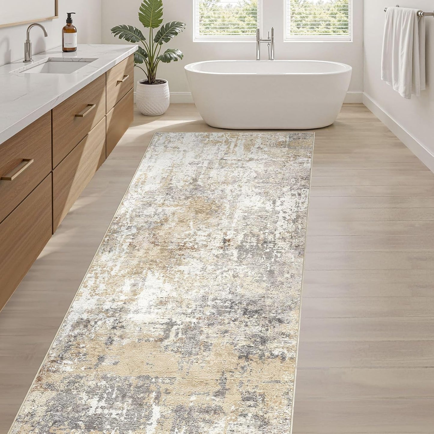 Runner Rug Kitchen Washable Rugs: 2x6 Non-Slip Abstract Soft Modern Stain Resistant Indoor Floor Neutral Accent Throw Carpet for Hallway Bathroom Laundry Room Entryway Bedroom- Gray Gold