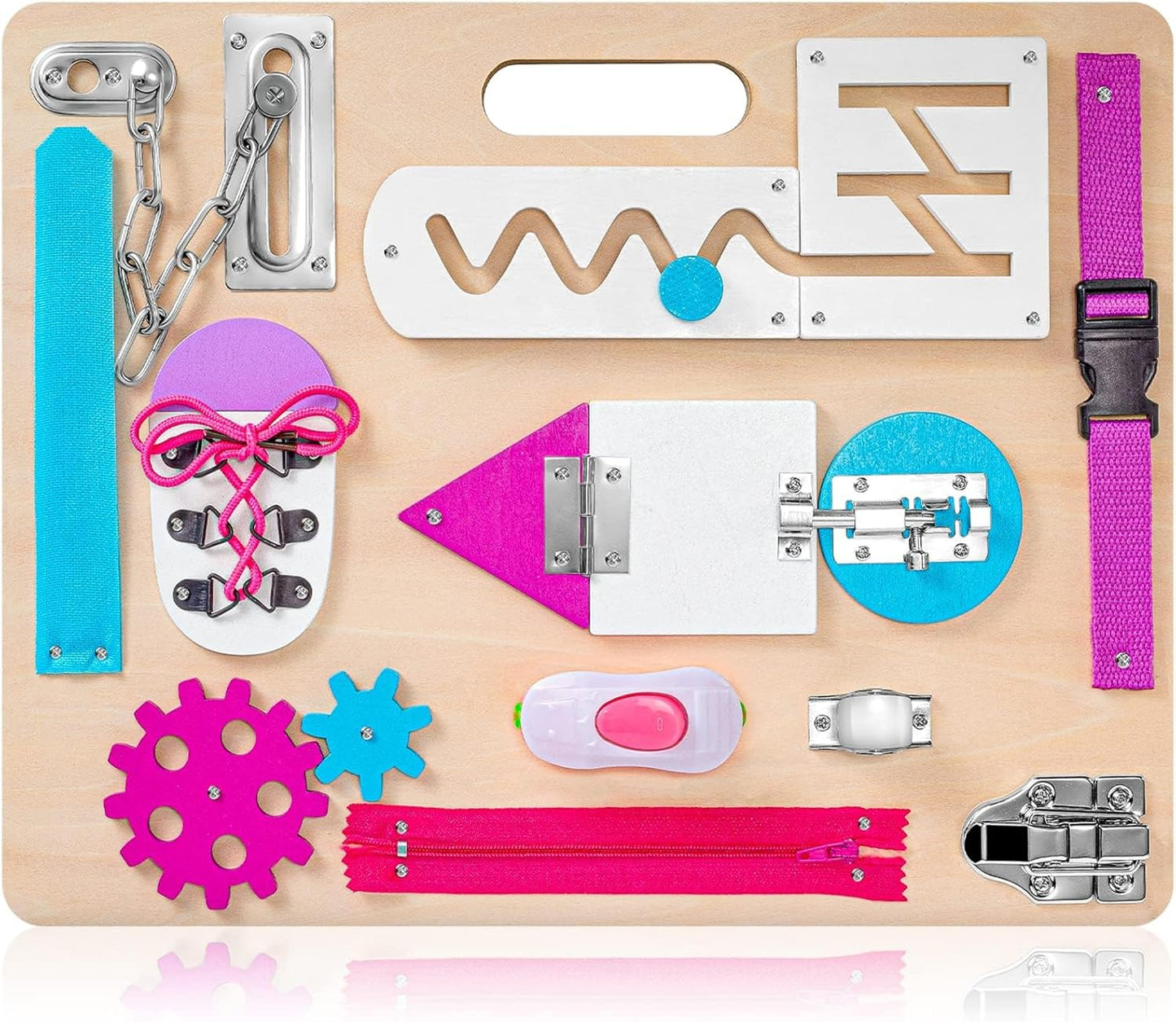 Montessori Busy Board for Toddlers, Wooden Sensory Toys, Kids 1-3 Travel Toy, Preschool Learning Activities for Fine Motor Skills, Basic Life Skills Educational Gifts for 1 2 3 Years Old Girls (Pink)