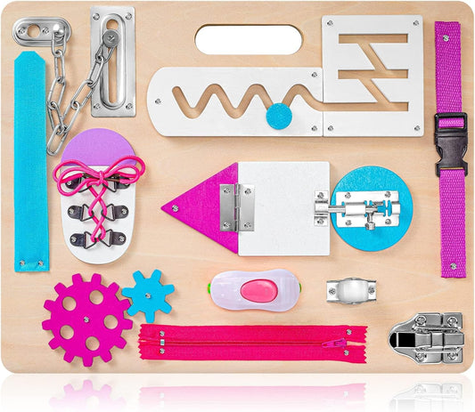 Montessori Busy Board for Toddlers, Wooden Sensory Toys, Kids 1-3 Travel Toy, Preschool Learning Activities for Fine Motor Skills, Basic Life Skills Educational Gifts for 1 2 3 Years Old Girls (Pink)