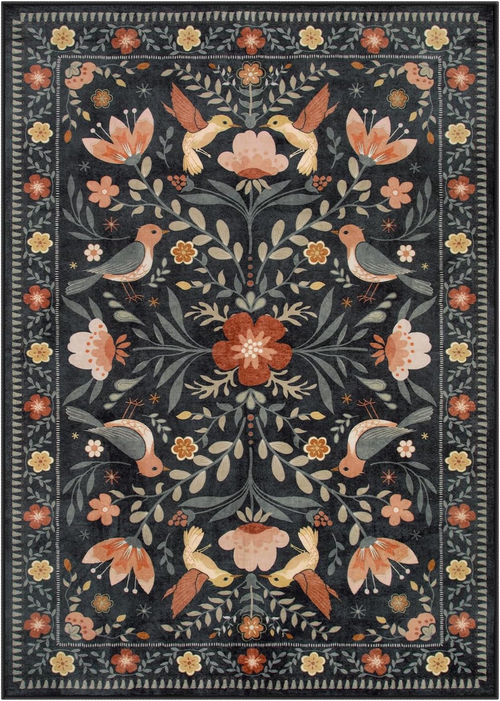 Moynesa Boho Bird 3x5 Rug, Ultra Thin Washable Kitchen Rugs Anti Skid Rubber Backing, Low Pile, Soft, Indoor Large Black Throw Carpet for Entryway Office Bedroom Bathroom Living Room