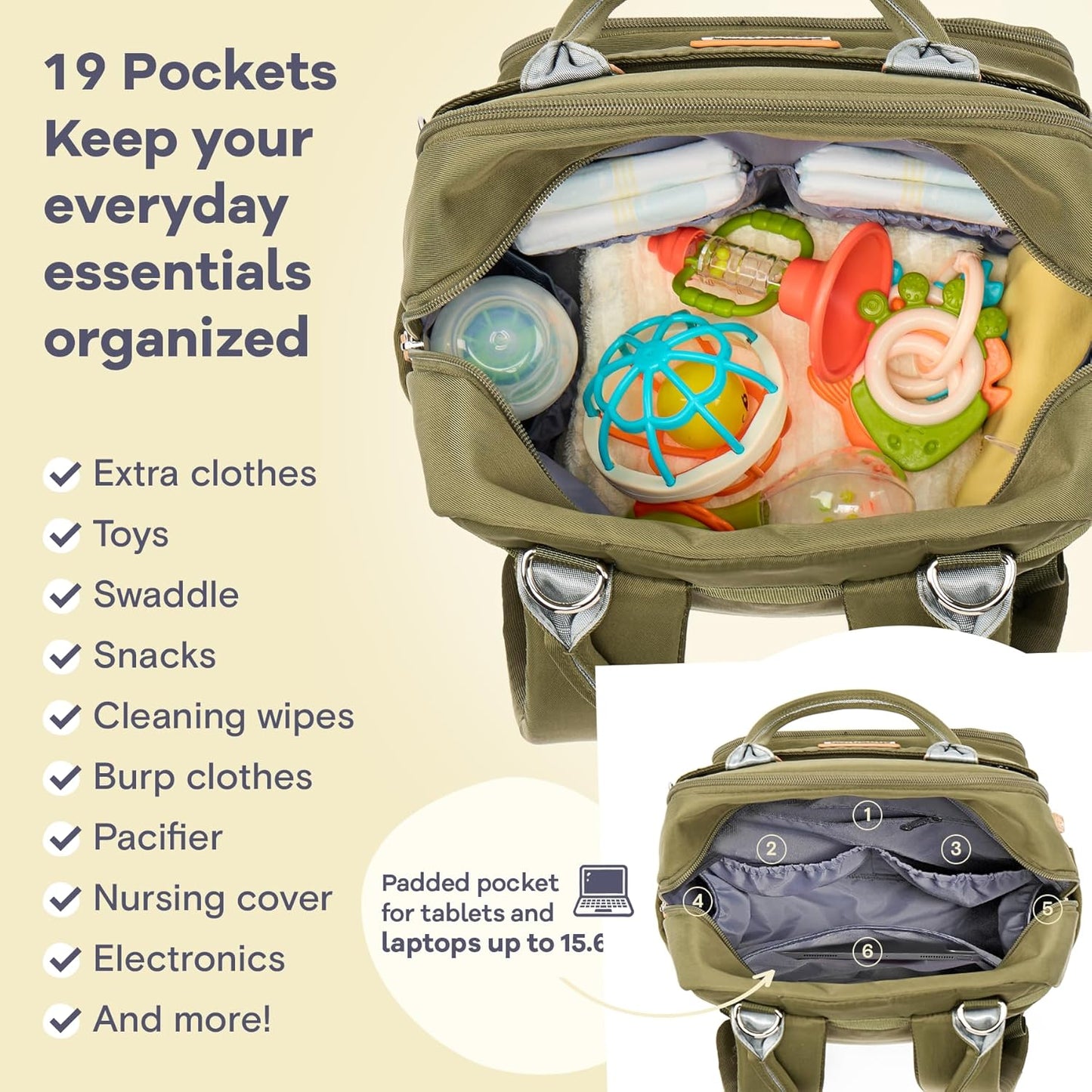 RUVALINO Diaper Bag Backpack - Multifunction Travel Back Pack Maternity Baby Changing Bags, Diaper Changing Totes, Large Capacity, Waterproof and Stylish, Baby Travel Essential, Army Green