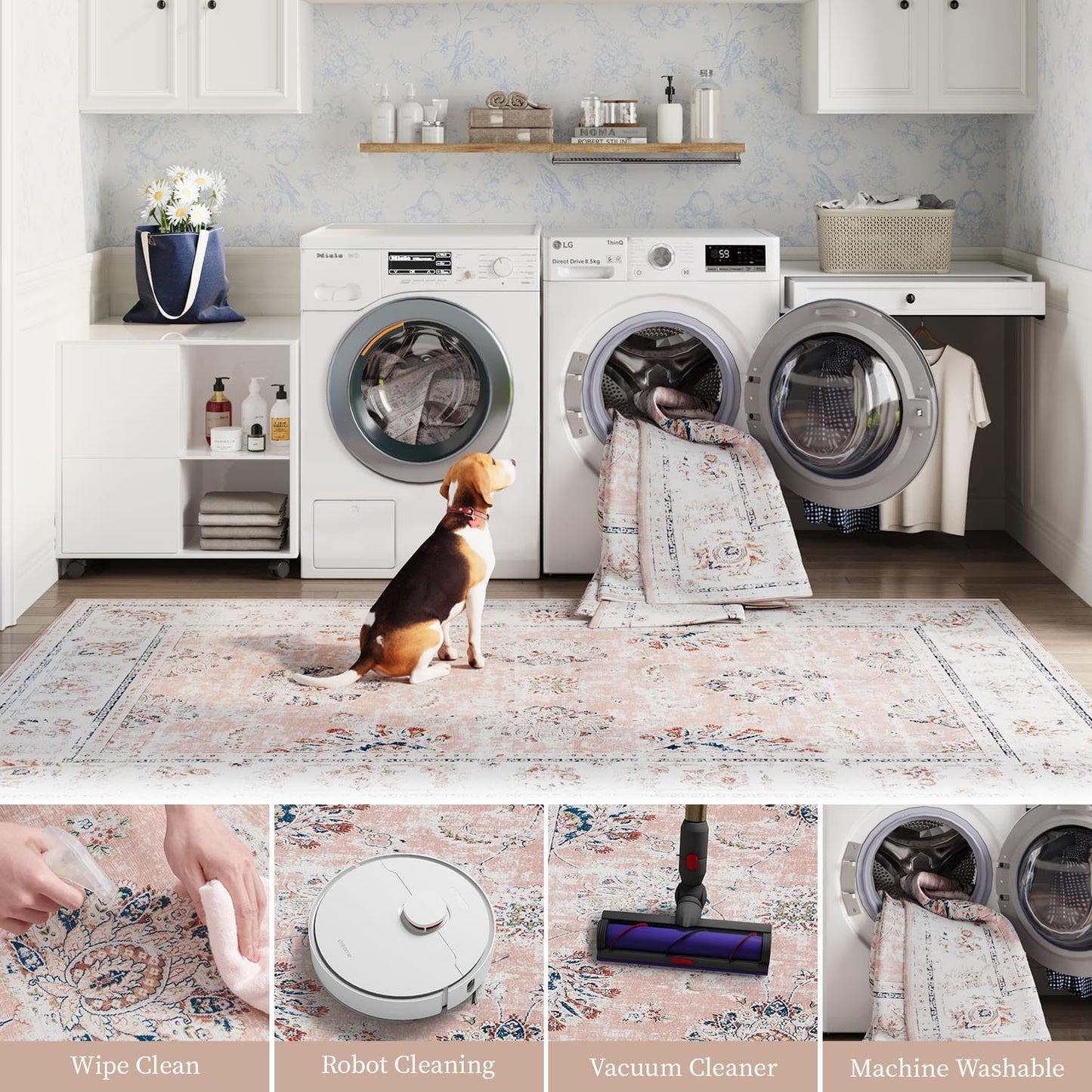 jinchan Hallway Runner Rug 3x8 Machine Washable Runner Rug Pink Vintage Floral Design Non-Slip Low Pile Ultra-Thin for Kitchen Laundry Room Bedroom Farmhouse (3‘x8',Pink)