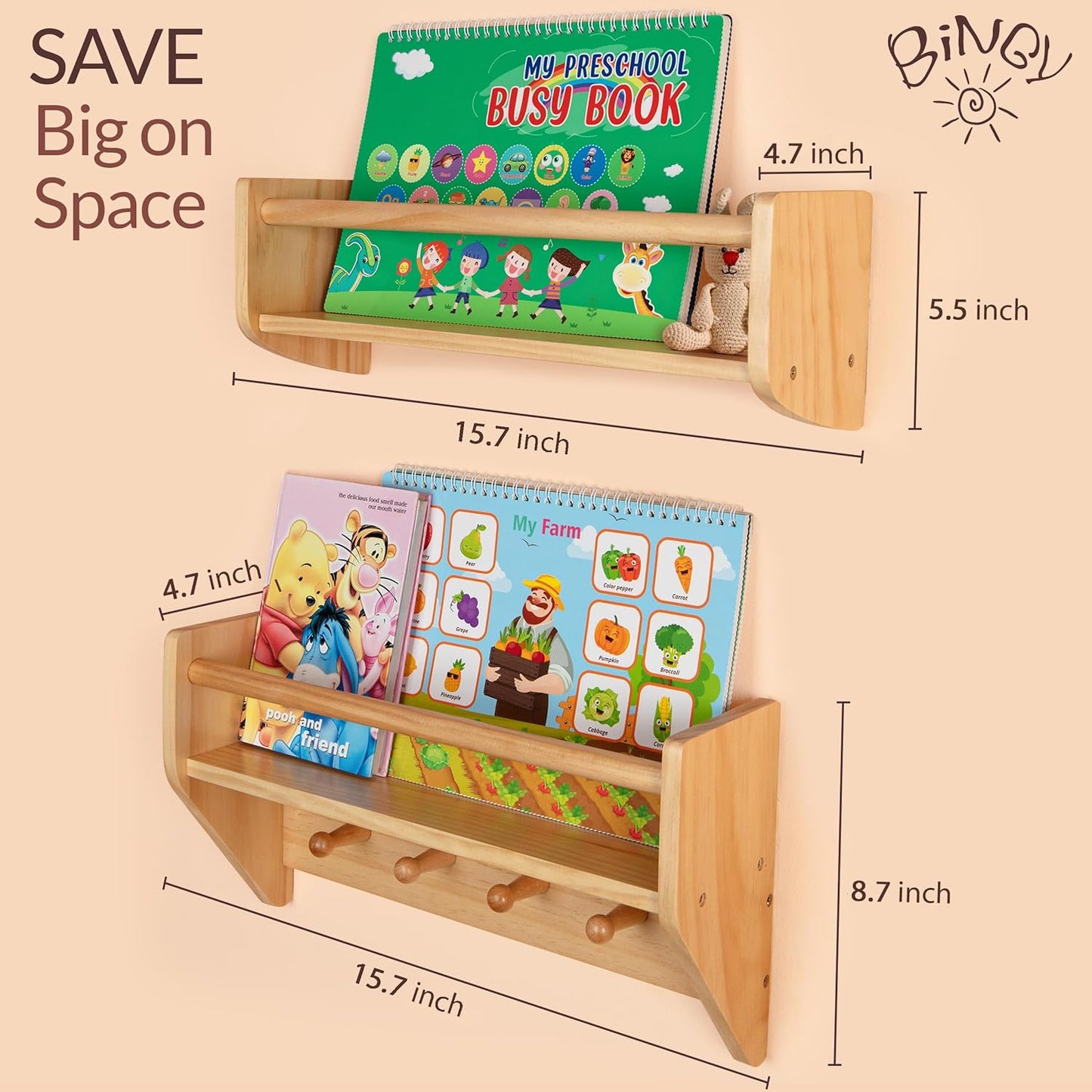 BINGY Nursery Book Shelves - Set of 2 Wall Shelves with Hooks for Clothes - 2-Tier Nursery Bookshelves Made from Solid Wood - 15.71" x 4.8" x 5.5" - Natural Wood