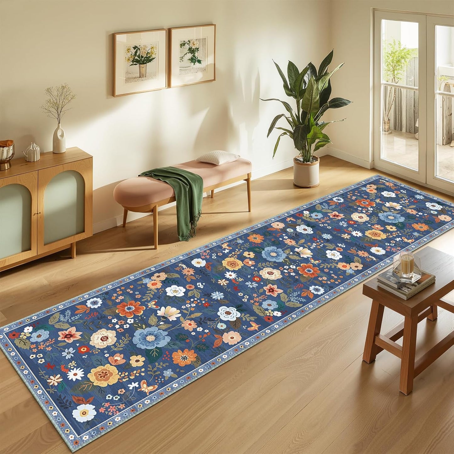 Floral 2x10 Area Rug Machine Washable Soft Print Boho Carpet Non Slip Doormat Low Pile Flower Area Rugs for Living Room Bedroom Nursery Kitchen Dining Room Indoor-Blue/Grey
