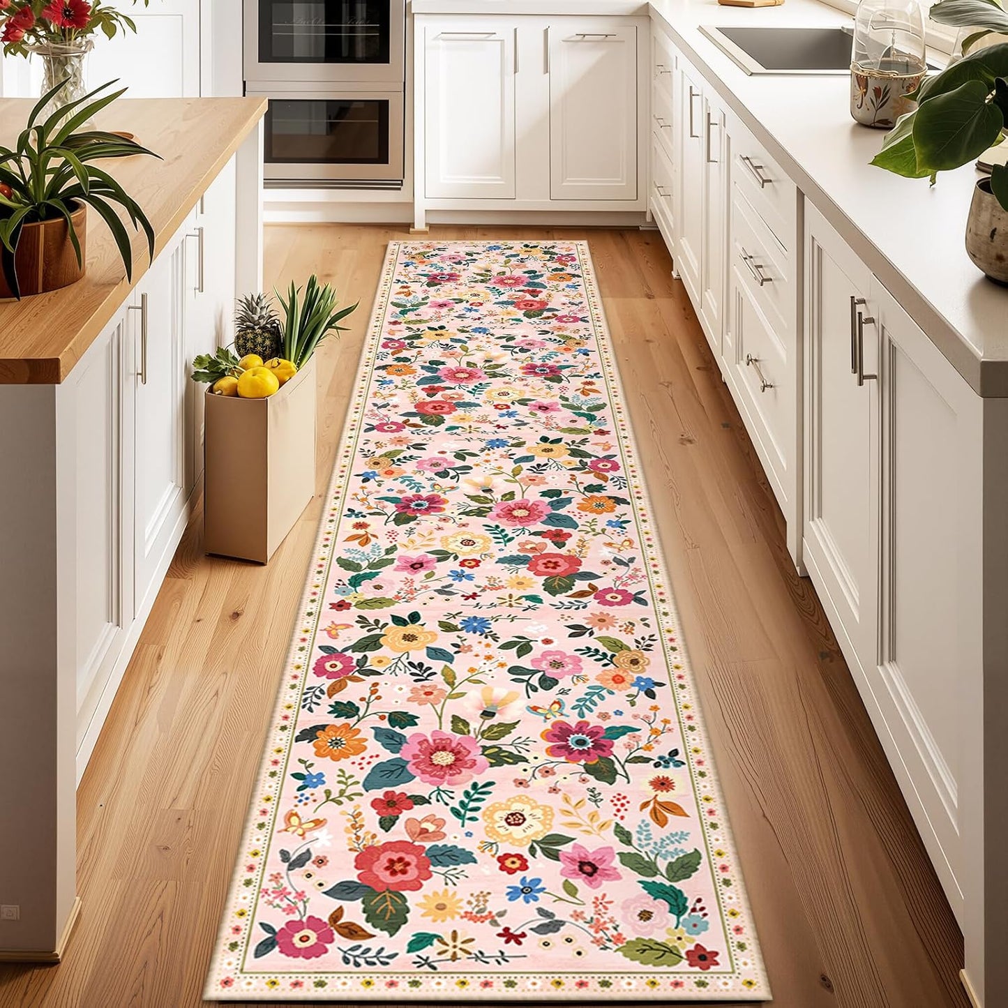 Floral 2x10 Area Rug Machine Washable Soft Print Boho Carpet Non Slip Doormat Low Pile Flower Area Rugs for Living Room Bedroom Nursery Kitchen Dining Room Indoor-Pink