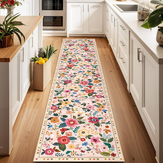 Floral 2x10 Area Rug Machine Washable Soft Print Boho Carpet Non Slip Doormat Low Pile Flower Area Rugs for Living Room Bedroom Nursery Kitchen Dining Room Indoor-Pink