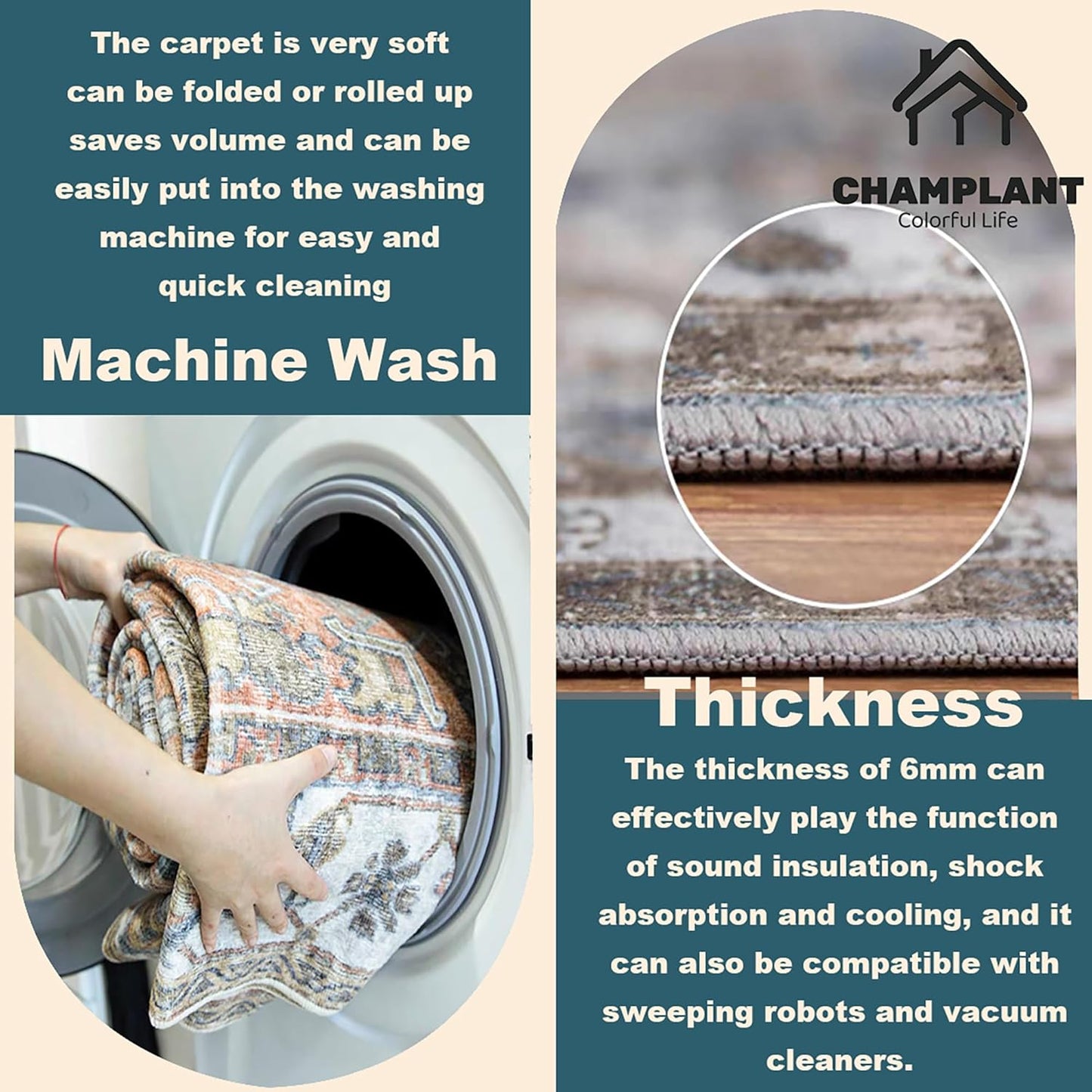 Area Rug 6'x9' Deep Khaki Washable Vintage Traditional Floor Cover Thin Retro Kitchen Indoor Distressed Non Slip Carpet for Living Room Bedroom Dining Room