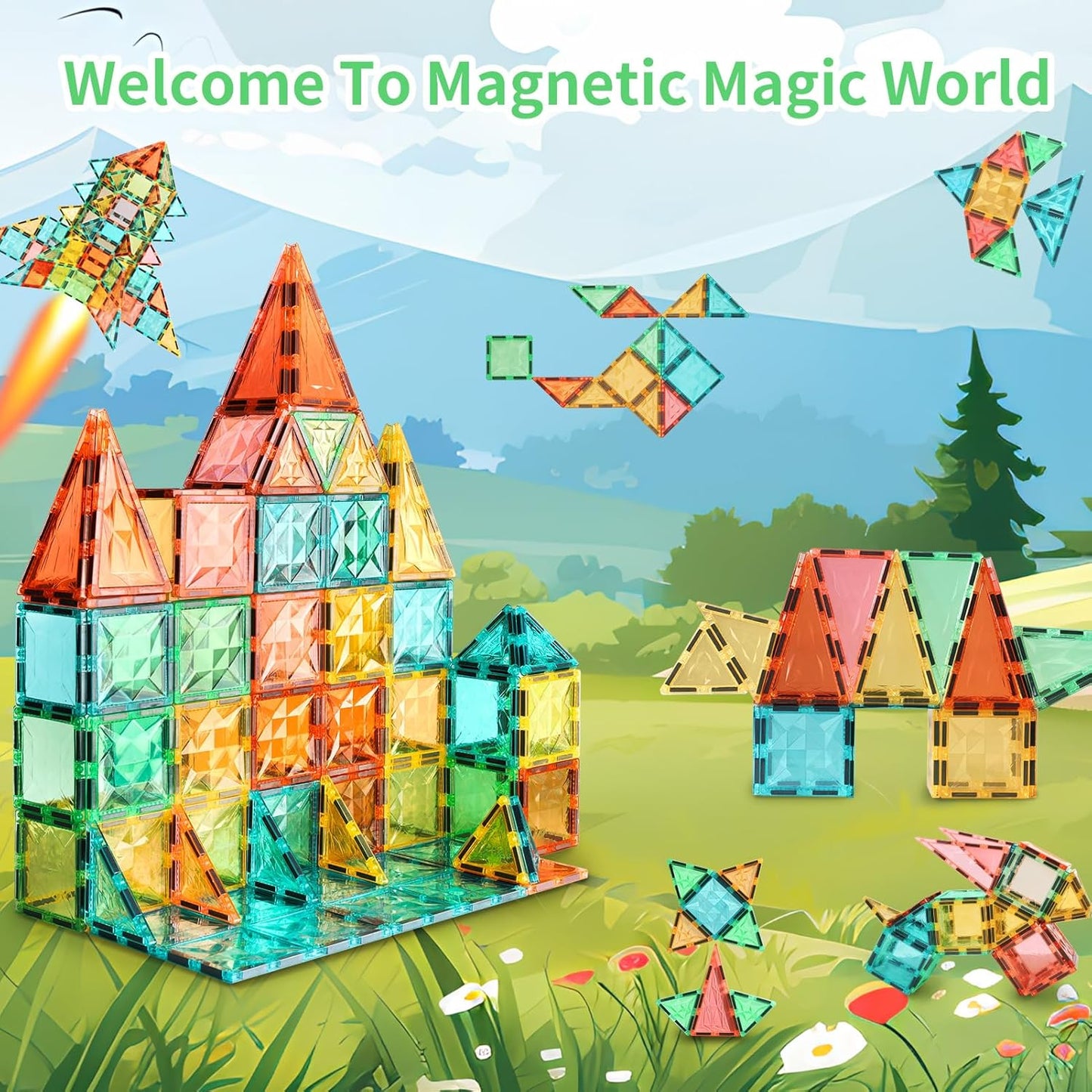 Magnetic Tiles,Magnet Building Blocks Construction Stacking Educational Toy Creative Playboard for Kids Ages 3+ (032 Pieces)