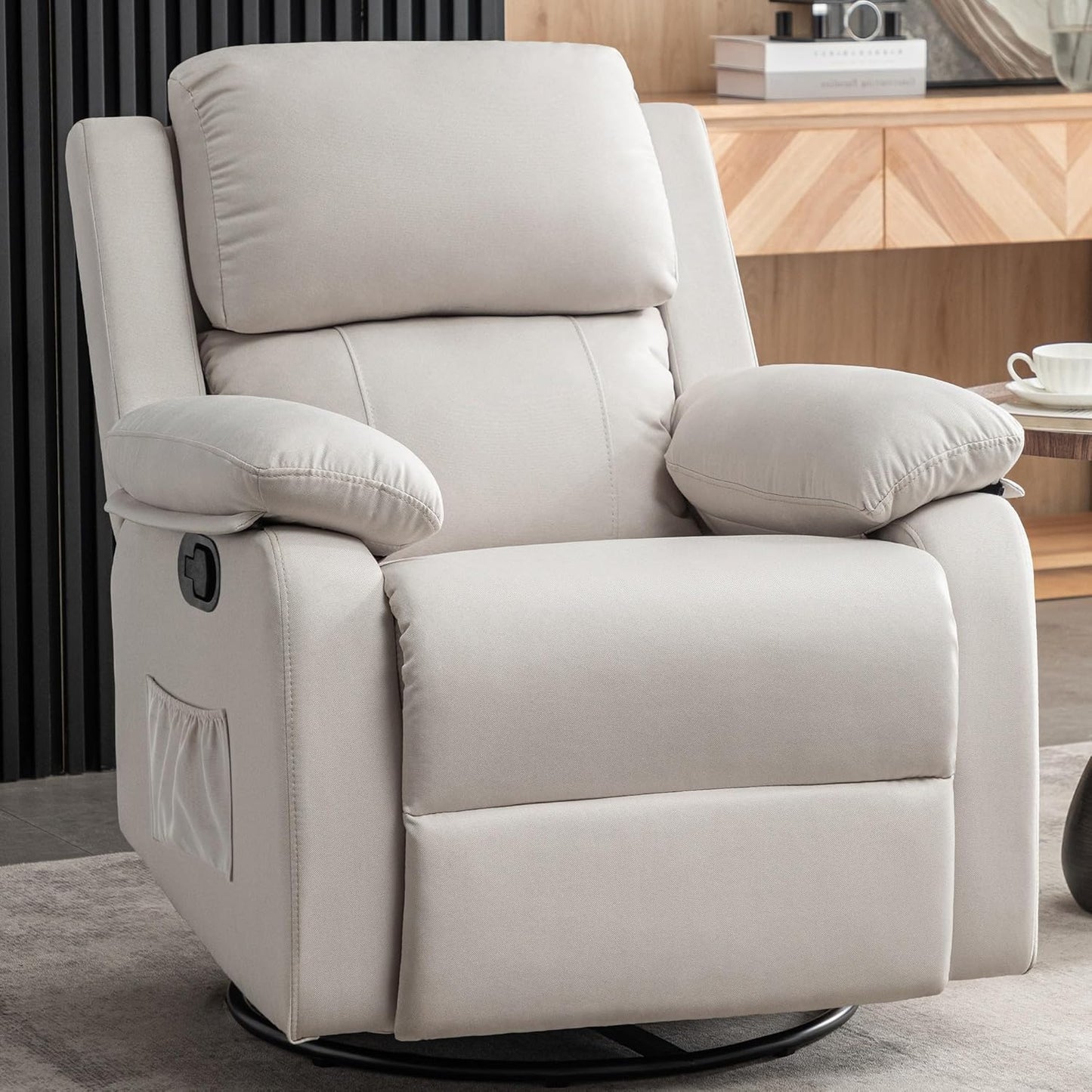 Recliner Chair, 360 Swivel Rocker Chair for Adults, Small Rocking Recliner Chair for Small Spaces, Upholstered Fabric Glider Recliner Nursery Chair with Side Pockets for Living Room, White