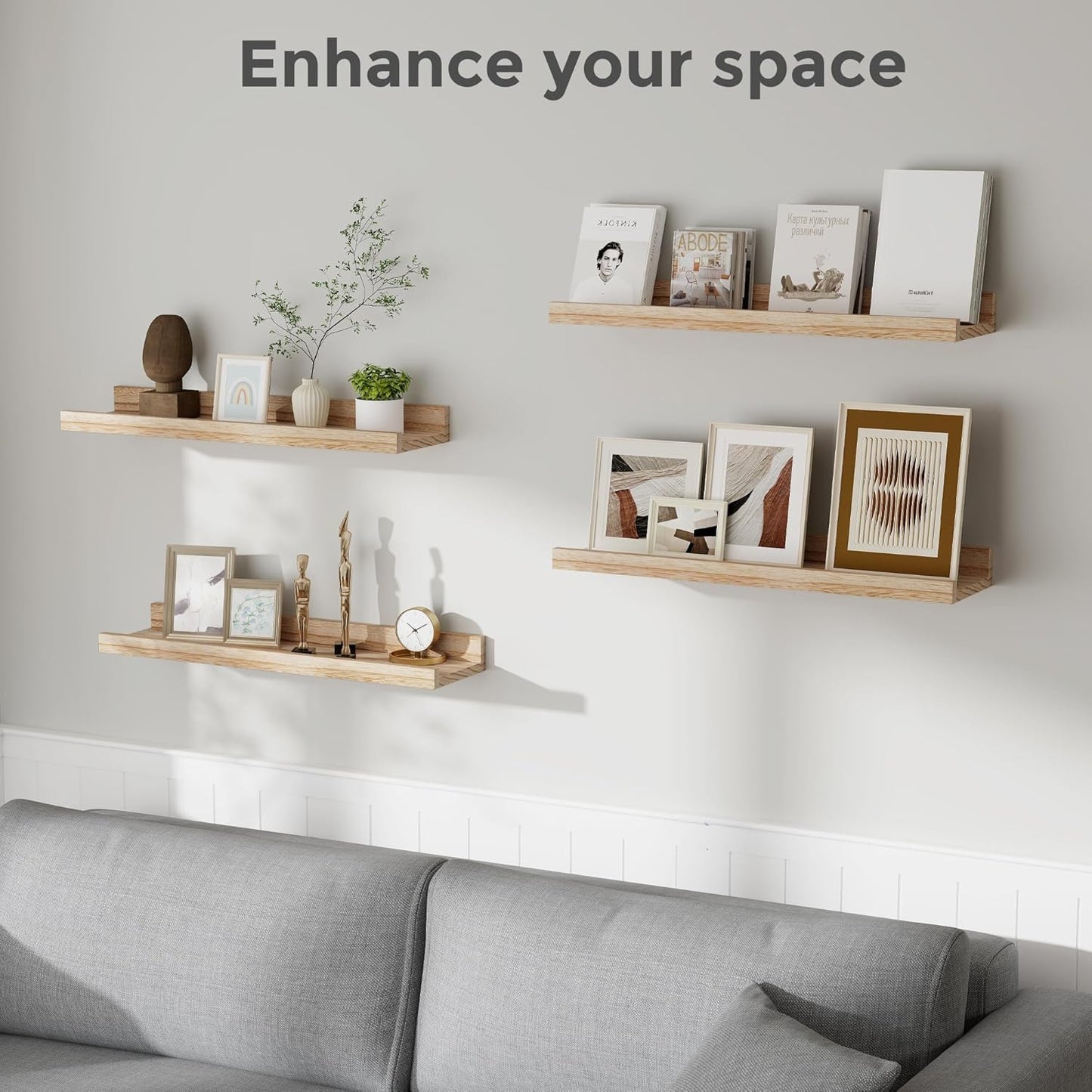 Fun Memories Picture Ledge Shelves 24 Inches Long, Rustic Wooden Floating Shelves with Lip Set of 4, Nursery Book Shelf for Kids Room, Farmhouse Wall Shelf for Living Room, Bedroom