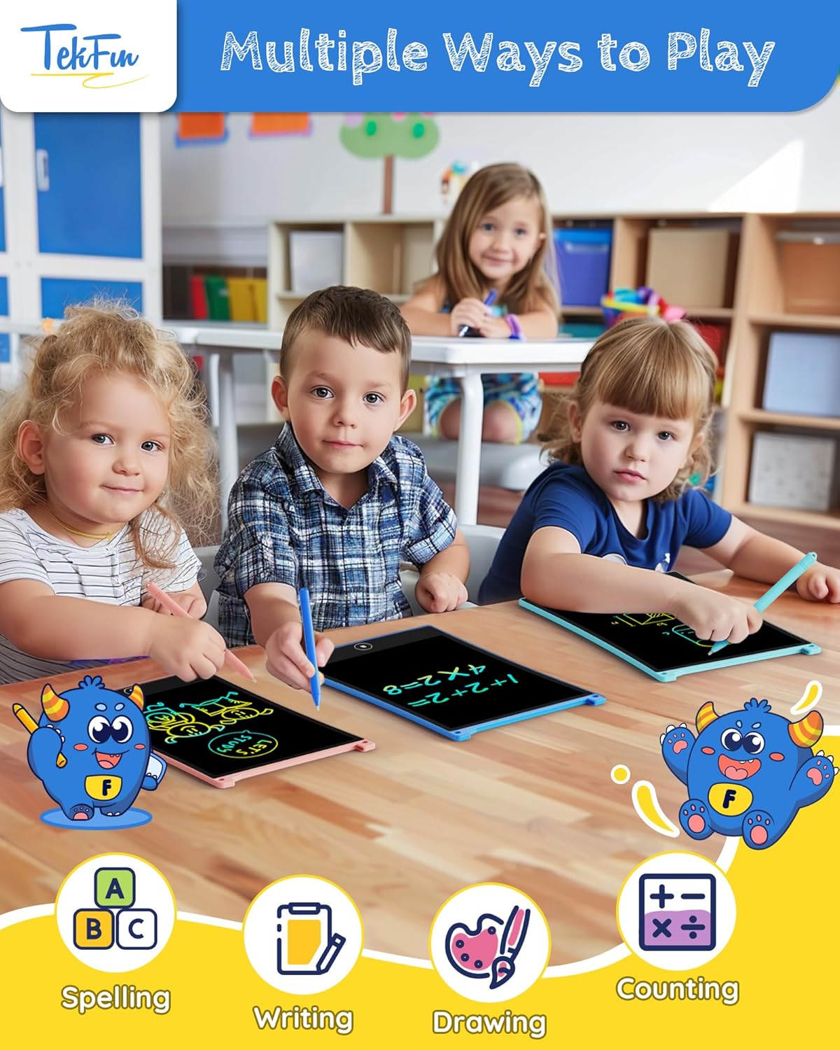 TEKFUN 8.5in 2 Pack LCD Writing Tablet for Kids Coloring Doodle Board Magic Drawing Pad for Kids with Anti-Lost Stylus, Car Trip Educational Toys Birthday Gift for 3 4 5 6 7 Kids Girls Boys Toddlers