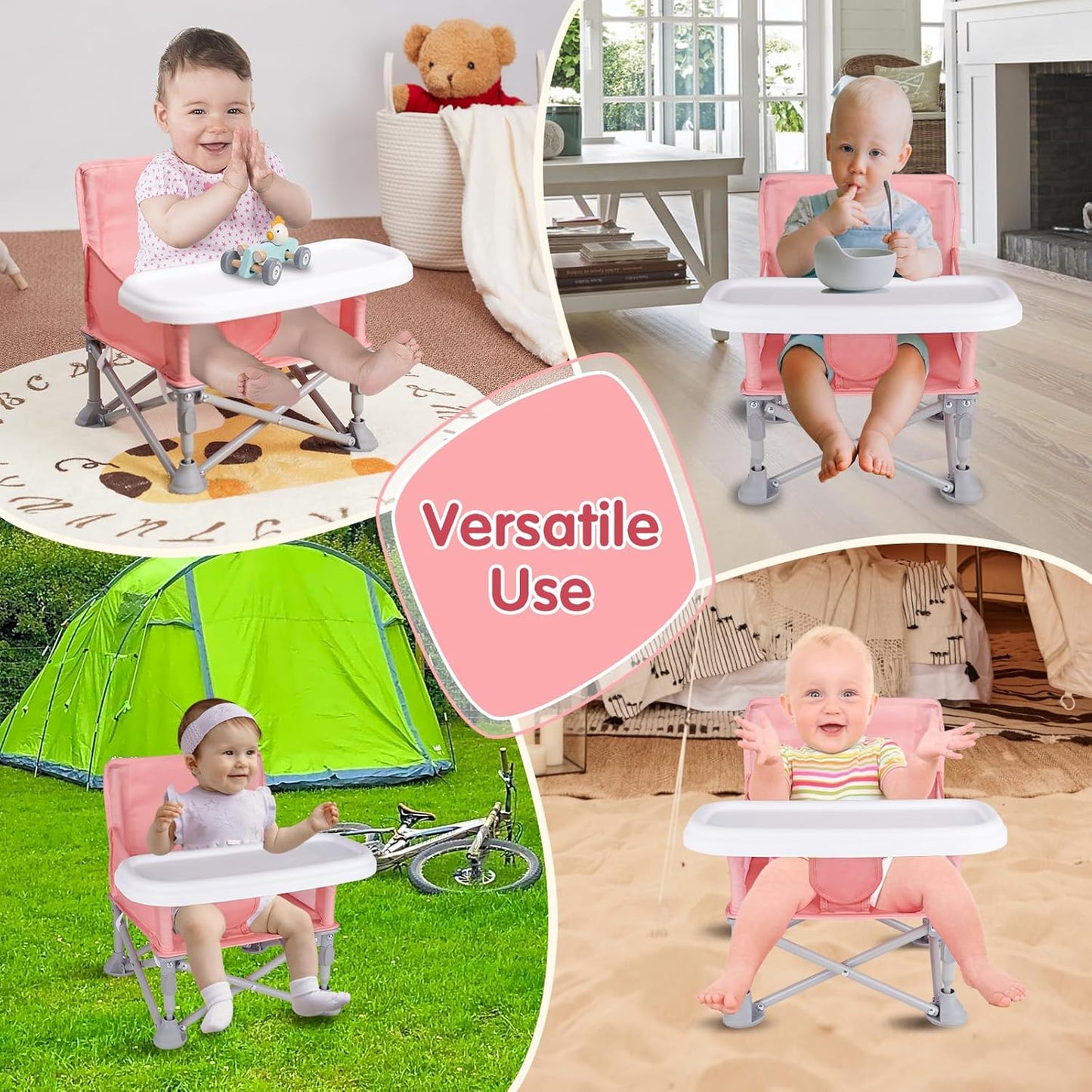 Portable Baby Booster Seat with Tray, Toddler Booster seat for Dining, Camping, Travel, Baby Beach Chair 6 Months to 3 Years Old Indoor Outdoor Use Pink