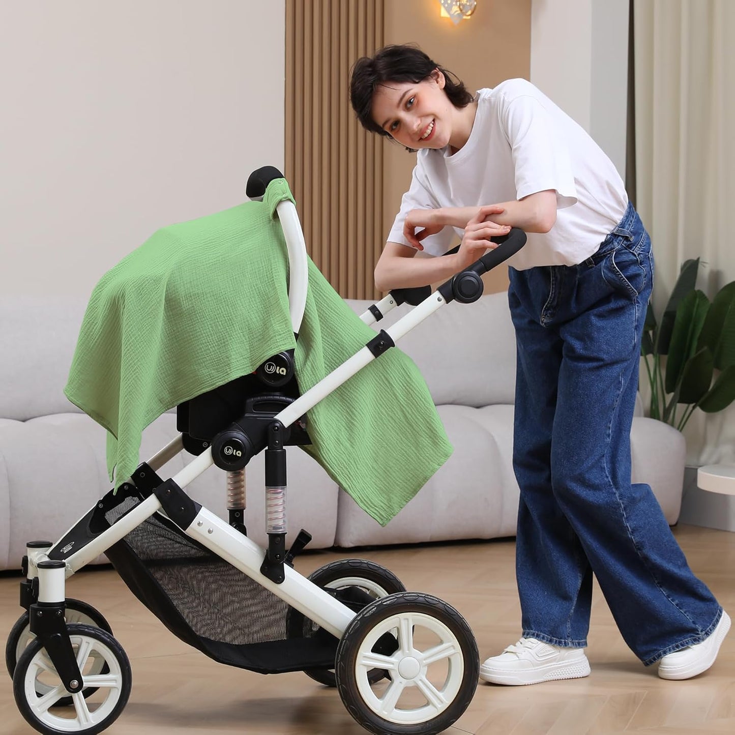 100% Muslin Cotton Car Seat Cover Baby, Carseat Canopy Cover, Universal Fit Stroller Covers for Boys and Girls (City Green)