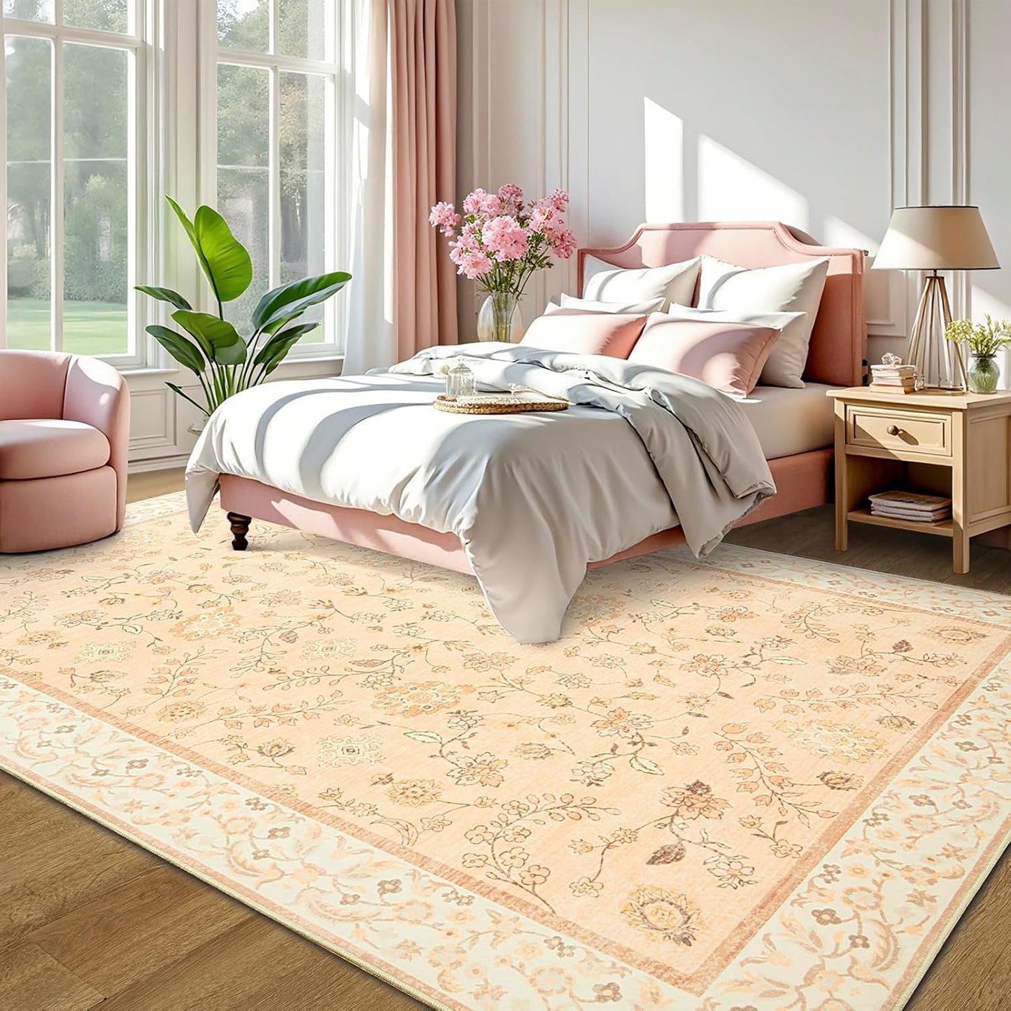 LOCHAS Washable Area Rugs 5x7, Peach Floral Rug for Living Room Bedroom Non Slip, Ultra Soft Vintage Indoor Carpet for Kids, Nursery, Dorm, Dining Room, Classroom, Boho Flower Home Decor, Low-Pile
