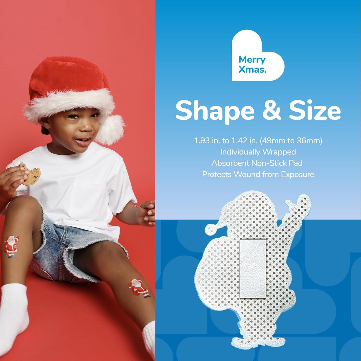 BioSwiss Bandages, Santa Claus Shaped Self Adhesive Bandage, Latex Free Sterile Wound Care, Fun First Aid Kit Supplies for Kids, 50 Count